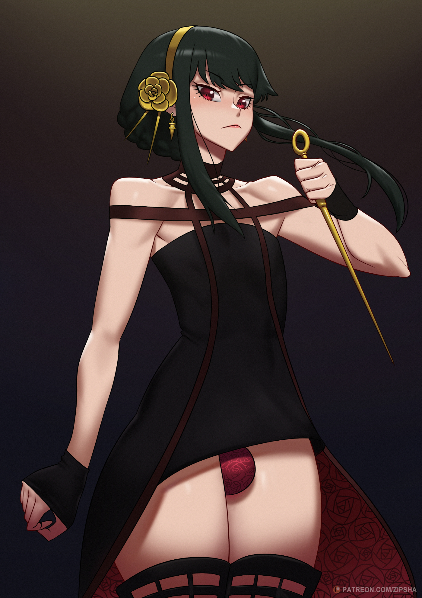 1boy, assassin, black hair, bulge, crossdressing, dress, eye contact, femboy, femboy dilf, feminine male, girly, hairband, legwear, light skin, light-skinned male, looking at viewer, male, male only, panties, penis, penis bulge, red eyes, rule 63, solo, solo male, spy x family, standing, stiletto (weapon), thighhighs, thighs, yor briar, zipsha