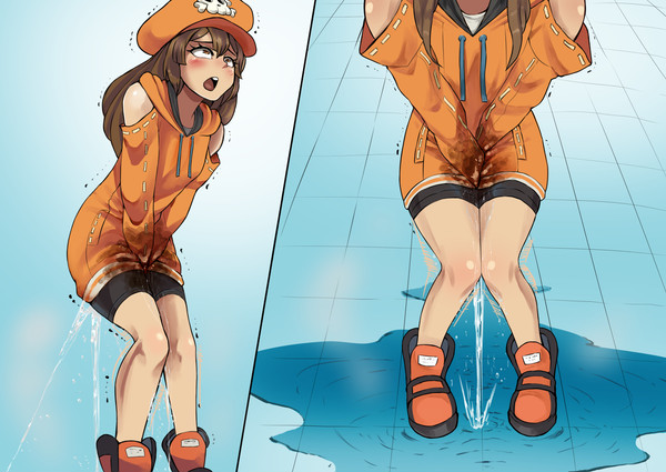 bike_shorts guilty_gear guilty_gear_strive hands_on_hips holding_it_in may_(guilty_gear) omorashi pee_puddle peeing peeing_self puddle standing_in_urine urine_puddle wetting wetting_self