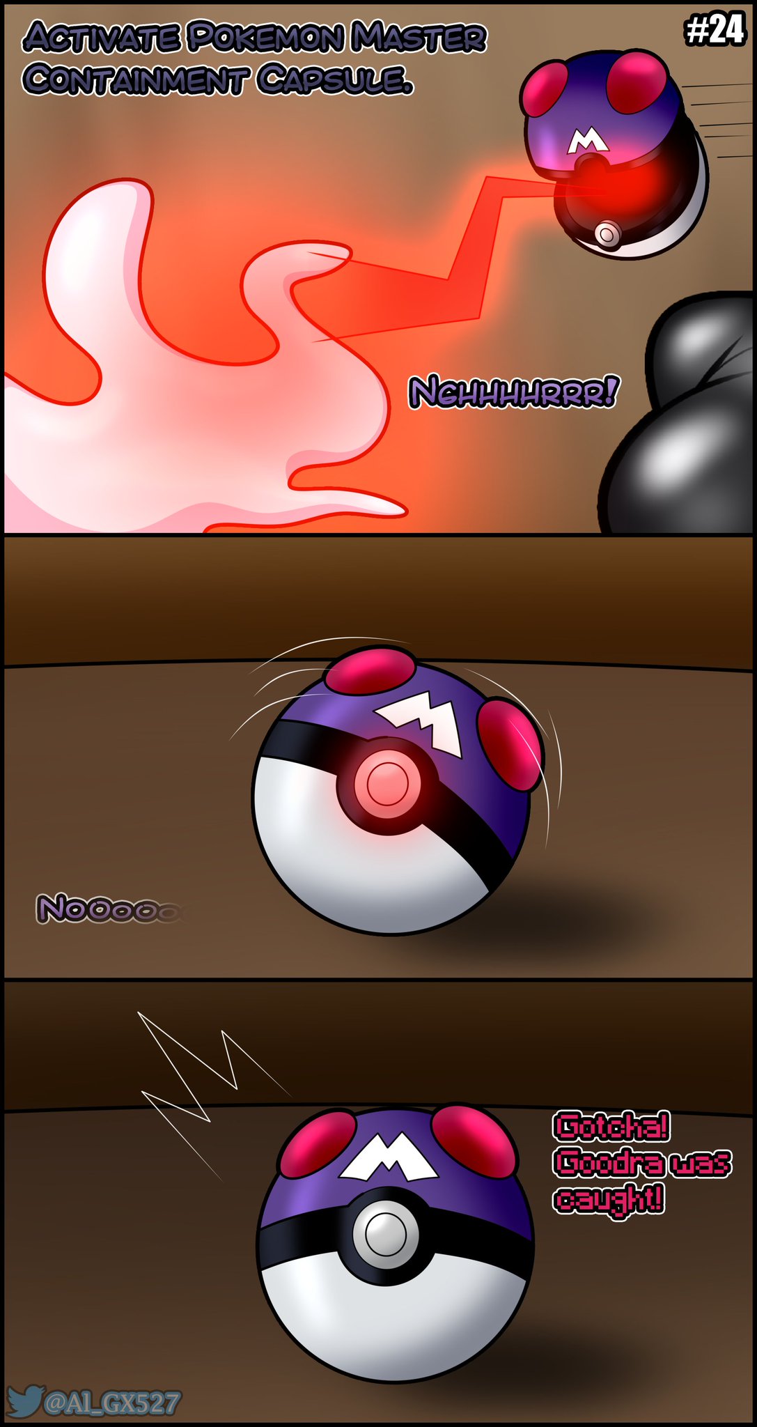 al_gx caught comic english_text female generation_1_pokemon generation_6_pokemon goomy hi_res master_ball mega_evolution mega_mewtwo_y megan_(al_gx) mewtwo no_humans opal_(al_gx) page_24 pokemon pokemon_(species) pokemon_rgby pokemon_xy rubber rubber_suit