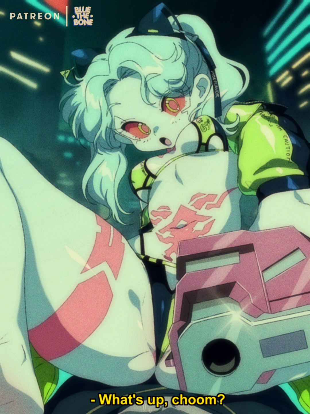 1girls, areolae, bluethebone, body markings, breasts, cameltoe, casual, cat ears, clothing, cybernetics, cyberpunk 2077, cyberpunk: edgerunners, cyborg, english text, eye contact, female, female on top, firearm, green eyes, gun, handgun, human, looking at viewer, micro bikini, nipples, pale skin, public, pussy, rebecca (edgerunners), red sclera, retro artstyle, small breasts, spread legs, text, thighs, weapon