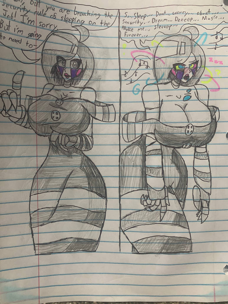 big breasts, breasts, breasts bigger than head, cleavage, color, drooling, female, five nights at freddy's, five nights at freddy's 2, fnaf, hypnosis, long hair, long-haired female, marionette (fnaf), puppet (fnaf), red lips, red lipstick, sketch, sketch page, solo, white hair