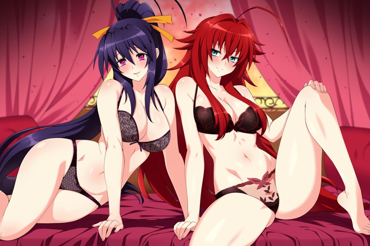 2girls, absurd res, absurdres, akeno himejima, breasts, curtains, demon, demon girl, female, female only, green eyes, hair ribbon, hi res, high school dxd, highres, interracial, kissing, large breasts, lindaroze, long hair, looking at another, multiple girls, naked, nude, paid reward, patreon reward, red hair, rias gremory, ribbon, yuri
