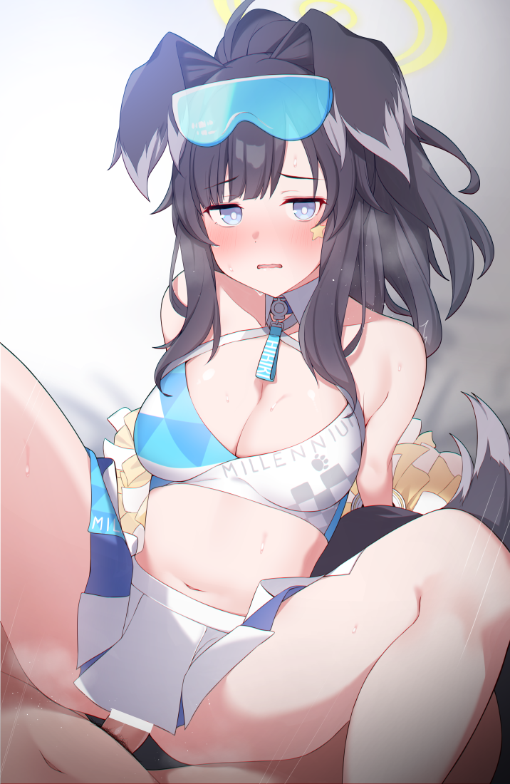 1boy animal_ears arms_behind_back bar_censor bare_shoulders black_hair blue_archive blue_eyes blush breasts censored cheerleader cleavage clothed_sex dog_ears dog_girl dog_tail eyewear_on_head facial_mark female hibiki_(blue_archive) hibiki_(cheerleader)_(blue_archive) kunugi_miyaco long_hair looking_at_viewer motion_lines navel official_alternate_costume parted_lips penis pleated_skirt pom_pom_(cheerleading) raised_eyebrows sex skirt solo_focus spread_legs star_(symbol) star_facial_mark stomach straight sweat tail thighs vaginal_penetration wavy_mouth