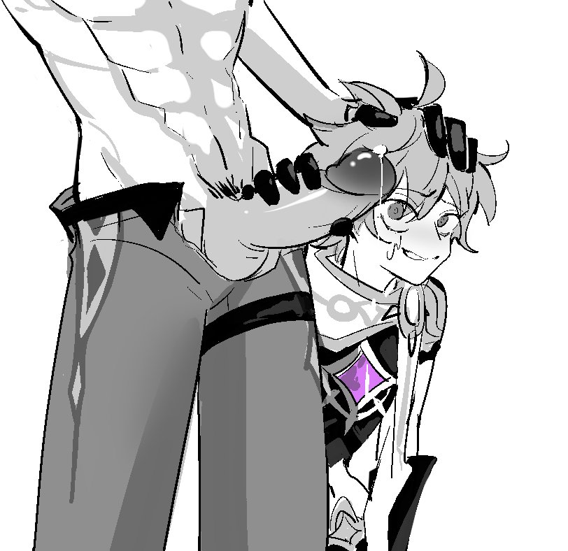 abs, aether (genshin impact), anticipation, balls, childe (genshin impact), drcoomer, dripping cum, erection, gay, genshin impact, looking at penis, male, male only, nervous, nervous smile, penis, precum, pubic hair, shirtless, tartaglia (genshin impact), testicles, wujianyouyu, yaoi