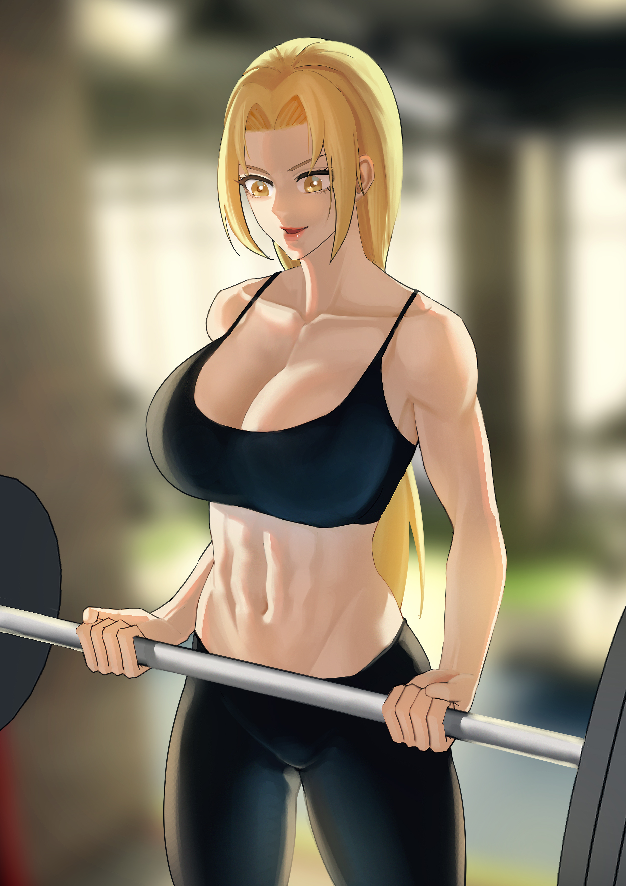 1girls, abs, bare midriff, bare navel, barefoot, belly button, biceps, big breasts, black bikini, black bra, black pants, black yogawear, blonde hair, boruto: naruto next generations, bra, breasts, brown eyes, busty, cleavage, exposed midriff, exposed navel, feet out of frame, female, female focus, female only, fully clothed, gym clothes, huge breasts, large breasts, lips, lipstick, long hair, makeup, mature, mature female, midriff, milf, muscle tone, musclegut, muscles, muscular, muscular female, naruto, naruto (classic), naruto (series), naruto shippuden, navel, pink lips, pink lipstick, pose, posing, shounen jump, six pack, solo, solo female, sports bra, tight clothing, tight pants, toned, toned female, triceps, tsunade, weightlifting, wide hips, witeak, yoga pants