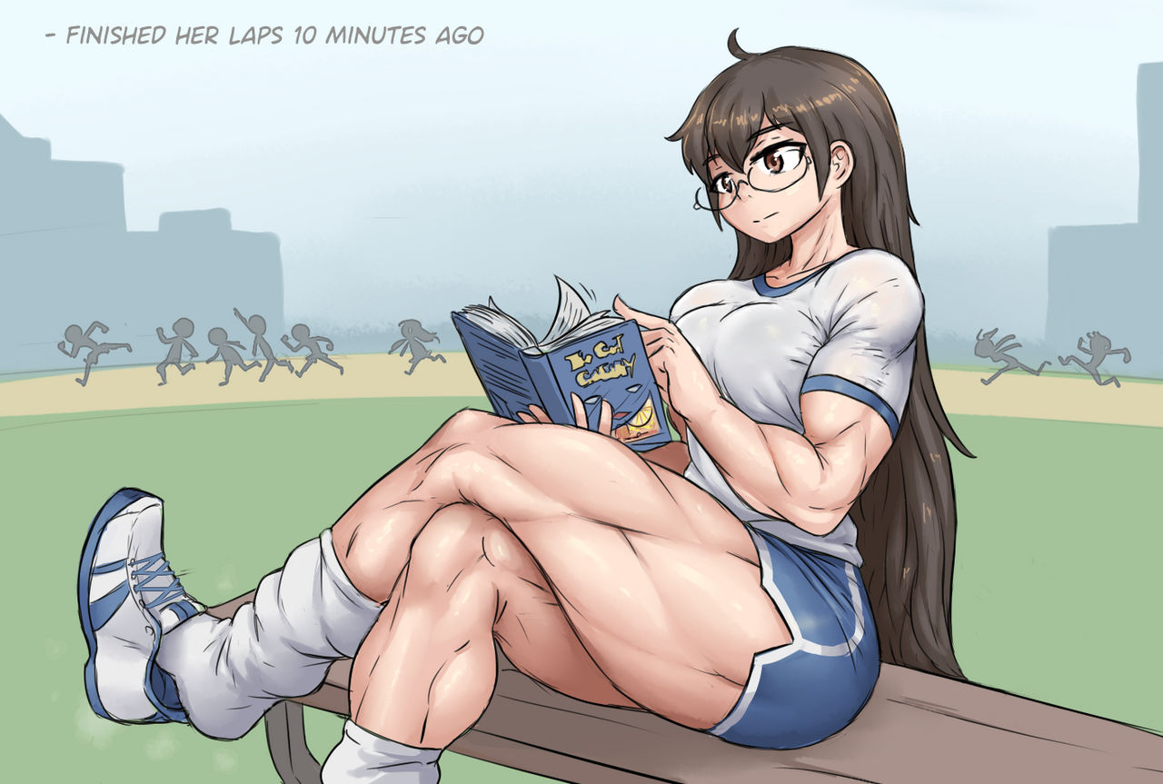 alice (sheepapp), anklehighs, biceps, big breasts, book, breasts, brown eyes, brown hair, calves, female, glasses, long hair, loose socks, muscular, muscular arms, muscular calves, muscular female, muscular shoulders, muscular thighs, reading, school uniform, schoolgirl, schoolgirl uniform, sheepapp, short sleeves, socks, thick calves, white socks