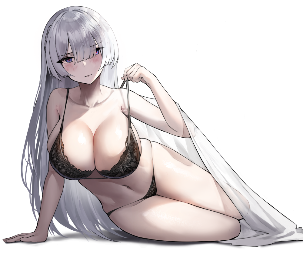 1girls, ak-15 (girls' frontline), bangs, big breasts, black bra, black panties, blanket, blush, bra, breasts, cleavage, closed mouth, collarbone, female, girls' frontline, hei d, large breasts, lingerie, long hair, looking at viewer, navel, panties, purple eyes, silver hair, simple background, skindentation, solo, under covers, underwear, underwear only, white background