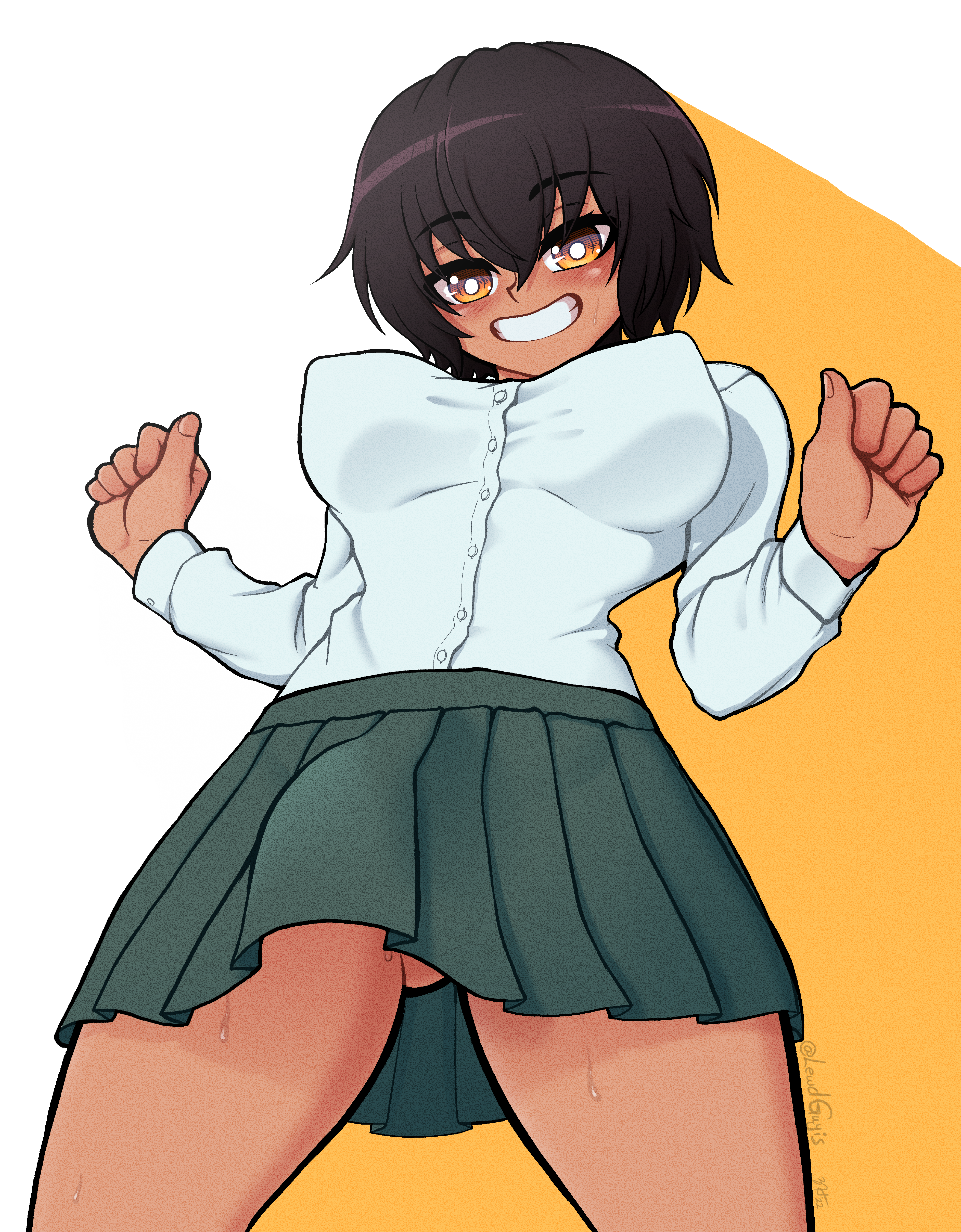 1futa, big breasts, breasts, brown hair, clothed, clothing, dark skin, dark-skinned futa, female, fully clothed, futa only, futabu, futanari, human, intersex, itou aya, lordguyis, low-angle view, nipple bulge, nipples, no bra, no panties, penis, penis under skirt, short hair, skirt, solo, standing, tanline, tanlines, thick thighs, thighs, tomboy, yellow eyes