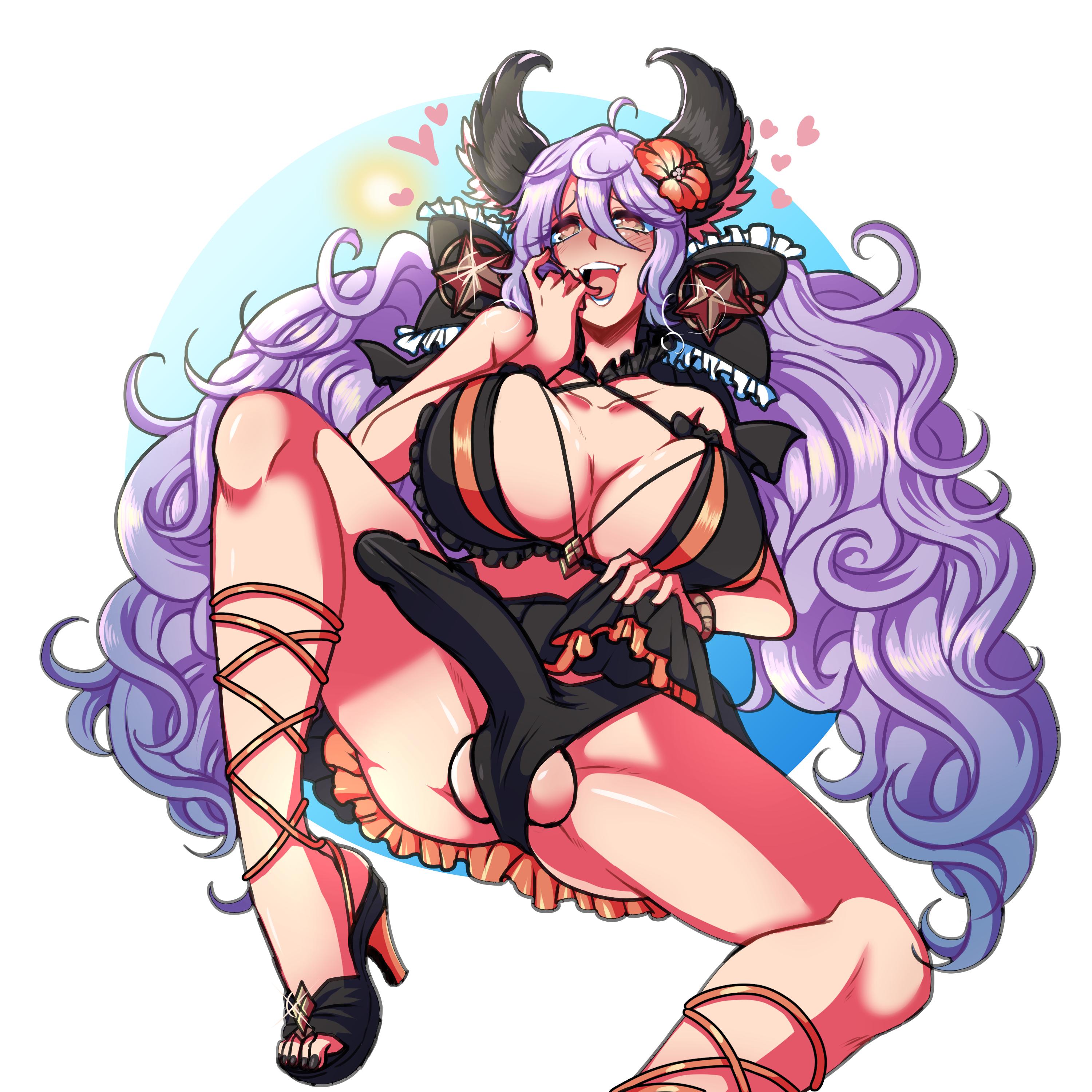 1futa, 2019, balls, bent legs, big breasts, big penis, blush, breasts, clothed, clothing, dress, erect penis, erection, erection under clothes, female, futa only, futanari, heart, heart-shaped pupils, heels, human, intersex, legs apart, light skin, light-skinned futa, long hair, looking at viewer, lying, lying on back, monster girl, mostly nude, on back, open mouth, penis, pleasure face, pridekun, purple hair, satyr, solo, solo futa, tenting, very high resolution