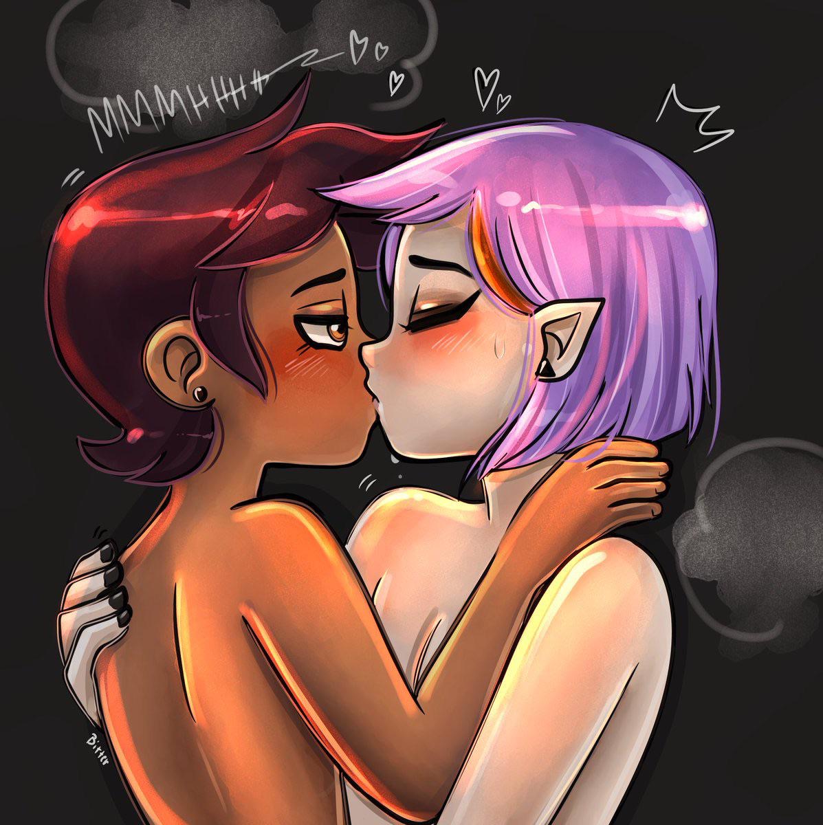 2girls, amity blight, bitterbunz, canon couple, disney, disney channel, female, female only, kissing, lesbian, luz noceda, multiple females, multiple girls, nude, purple hair, the owl house, yuri