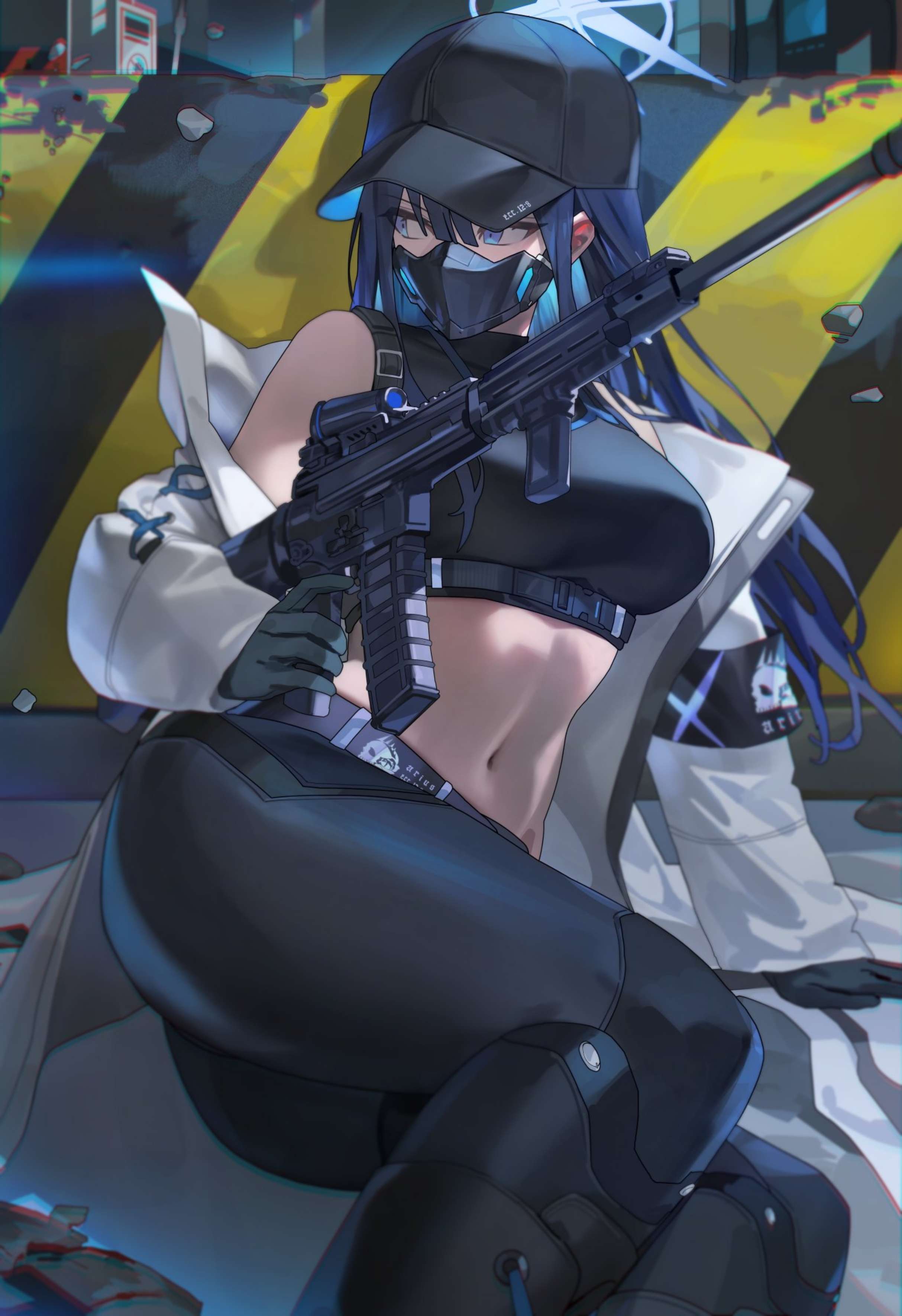 abs, arius satellite school logo (blue archive), arius satellite school student, athletic, athletic female, baseball cap, big breasts, blue archive, blue eyes, breasts, face mask, female, gun, long hair, saori (blue archive), weapon