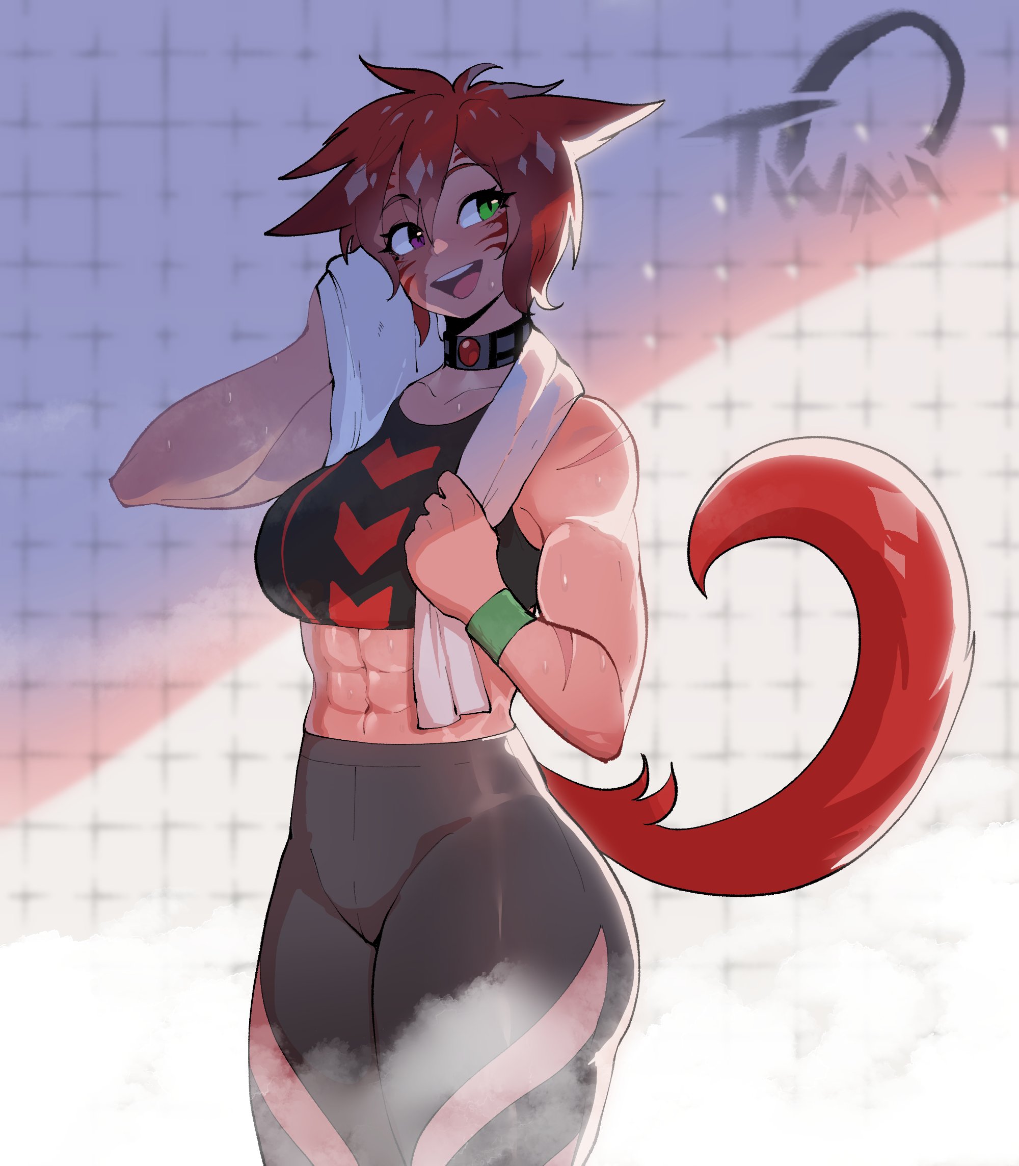1girls, 2021, abs, avatar (ff14), cat ears, cat tail, collar, female, female only, final fantasy, final fantasy xiv, green eyes, happy, heterochromia, hi res, light skin, light-skinned female, looking away, miqo'te, red eyes, red hair, smile, solo, solo female, sportswear, sweat, tail, thiccwithaq, thick thighs, toned, toned female, towel, towel around neck, whisker markings, wiping sweat, wristband, xere