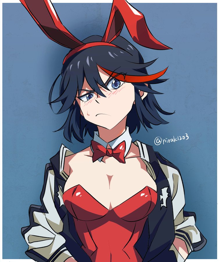 angry_face athletic_female big_breasts blue_eyes bunny_ears bunnysuit cleavage kill_la_kill matoi_ryuuko multicolored_hair nirak1203