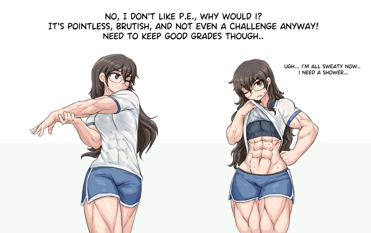 abs, alice (sheepapp), biceps, big breasts, breasts, brown eyes, brown hair, female, glasses, long hair, muscular, muscular arms, muscular female, muscular thighs, school uniform, schoolgirl, sheepapp, six pack, sweat, sweatdrop, sweaty body, text, triceps