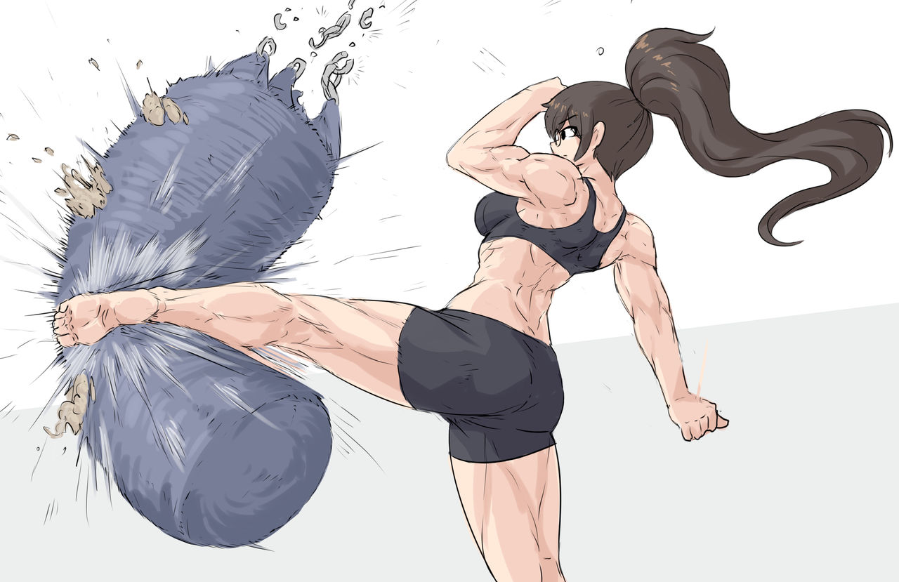alice (sheepapp), ass, biceps, big ass, big breasts, breasts, brown eyes, brown hair, calves, female, glasses, long hair, muscular, muscular female, muscular legs, muscular thighs, ponytail, punching bag, sheepapp, sports bra, sportswear, triceps