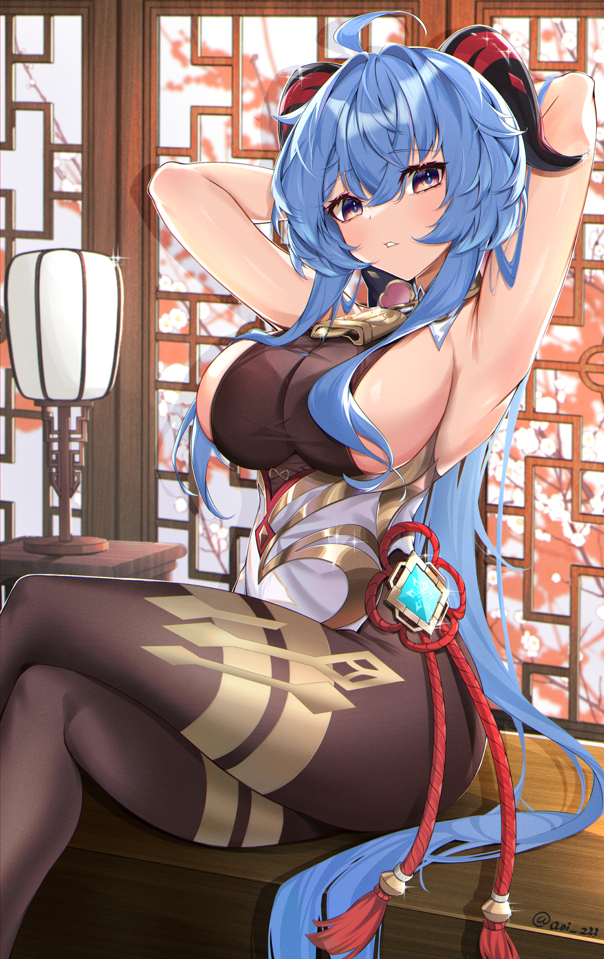 1girls, ahoge, armpits, arms up, artist request, blue hair, blush, bodystocking, breasts, female, ganyu (genshin impact), genshin impact, horns, huge breasts, large breasts, light skin, light-skinned female, long hair, looking at viewer, ponytail, purple eyes, slim waist, thick thighs, wide hips