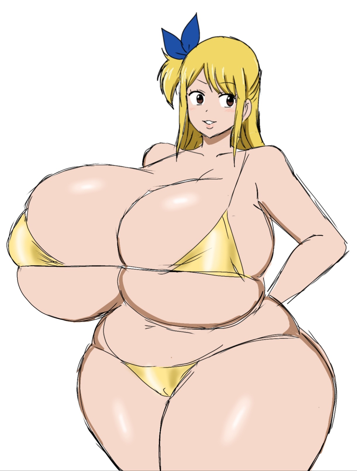 1girls, big breasts, big thighs, bikini, blonde hair, breasts, brown eyes, busty, chubby, curvy, enormous breasts, fairy tail, female, female only, giant breasts, gigantic breasts, gigantic thighs, huge breasts, huge thighs, hyper, hyper breasts, hyper thighs, large breasts, large thighs, lucy heartfilia, massive breasts, massive thighs, momiji (artist), solo, solo female, swimsuit, thick thighs, thighs, thunder thighs, wide thighs, yellow bikini, yellow swimsuit