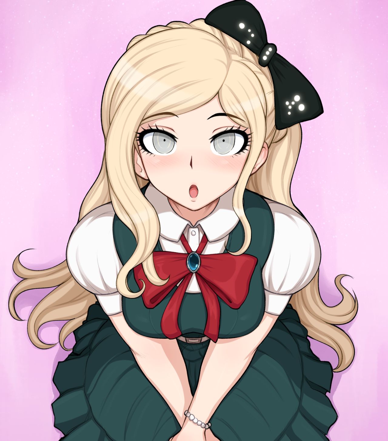 1girls 2020 afrobull alternate_version_available artist_name artist_signature bangs bead_bracelet beads belt black_bow blonde_hair blush bow bowtie bracelet braid breasts closed_eyes clothed danganronpa danganronpa_2:_goodbye_despair digital_drawing_(artwork) digital_media_(artwork) digital_painting_(artwork) dress eyebrows_visible_through_hair eyelashes facing_viewer from_above fully_clothed gem hair_accessory hairbow jewelry light-skinned_female light_skin long_hair looking_up medium_breasts open_mouth pinafore_dress pov puffy_short_sleeves puffy_sleeves reupload seiza shirt short_sleeves sitting solo solo_female solo_focus sonia_nevermind straight straight_hair v_arms very_long_hair white_belt white_shirt