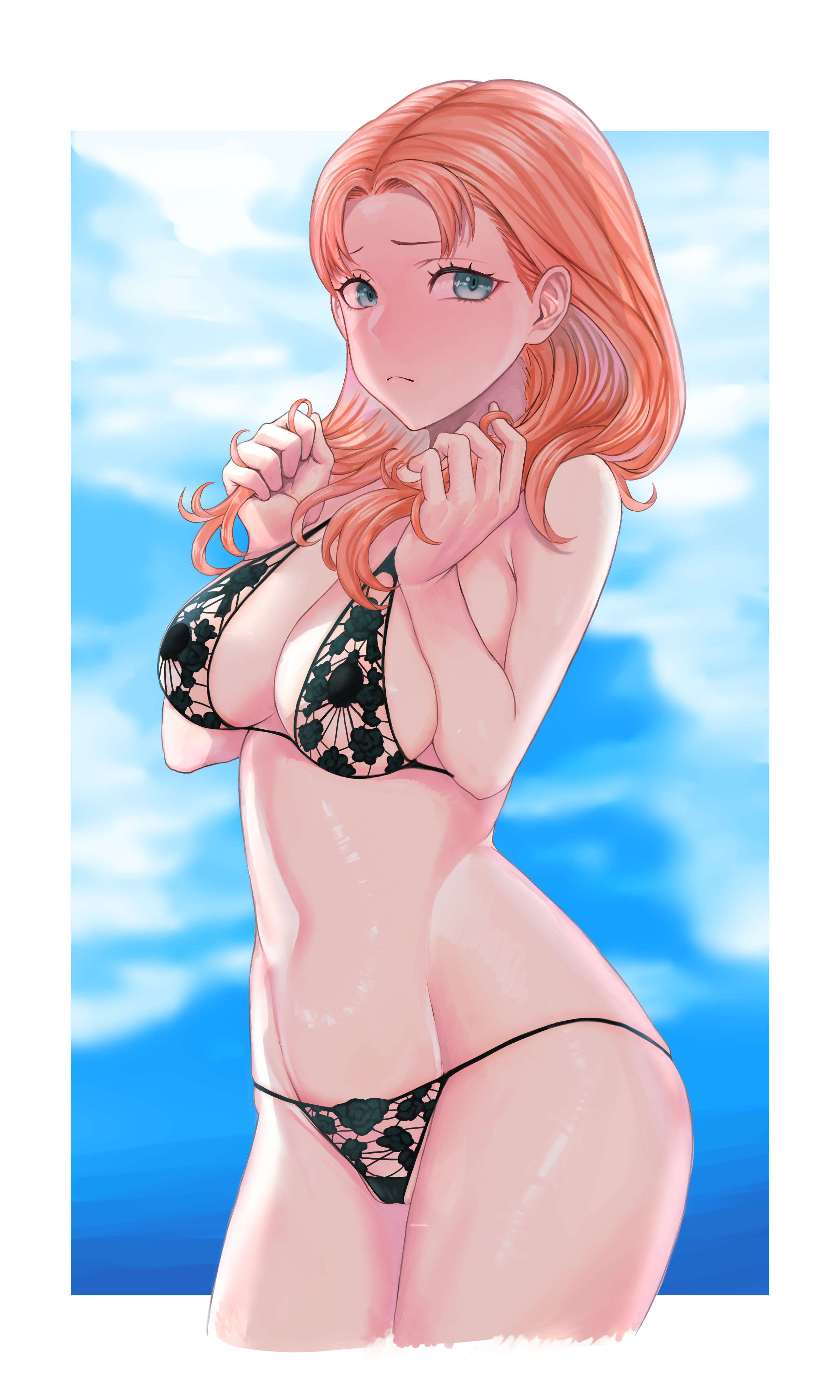 1girls, alternate costume, alternate version available, annette fantine dominic, bare thighs, bikini, black bikini top, black swimsuit, blue eyes, breasts, female, female only, fire emblem, fire emblem: three houses, frown, ginger, ginger hair, hair grab, large breasts, light skin, light-skinned female, medium hair, nintendo, orange hair, outdoors, pale skin, pale-skinned female, pocari66, post-timeskip, redhead, revealing clothes, sideboob, sky, solo, solo female, strawberry blonde hair, swimsuit, thick thighs, thighs