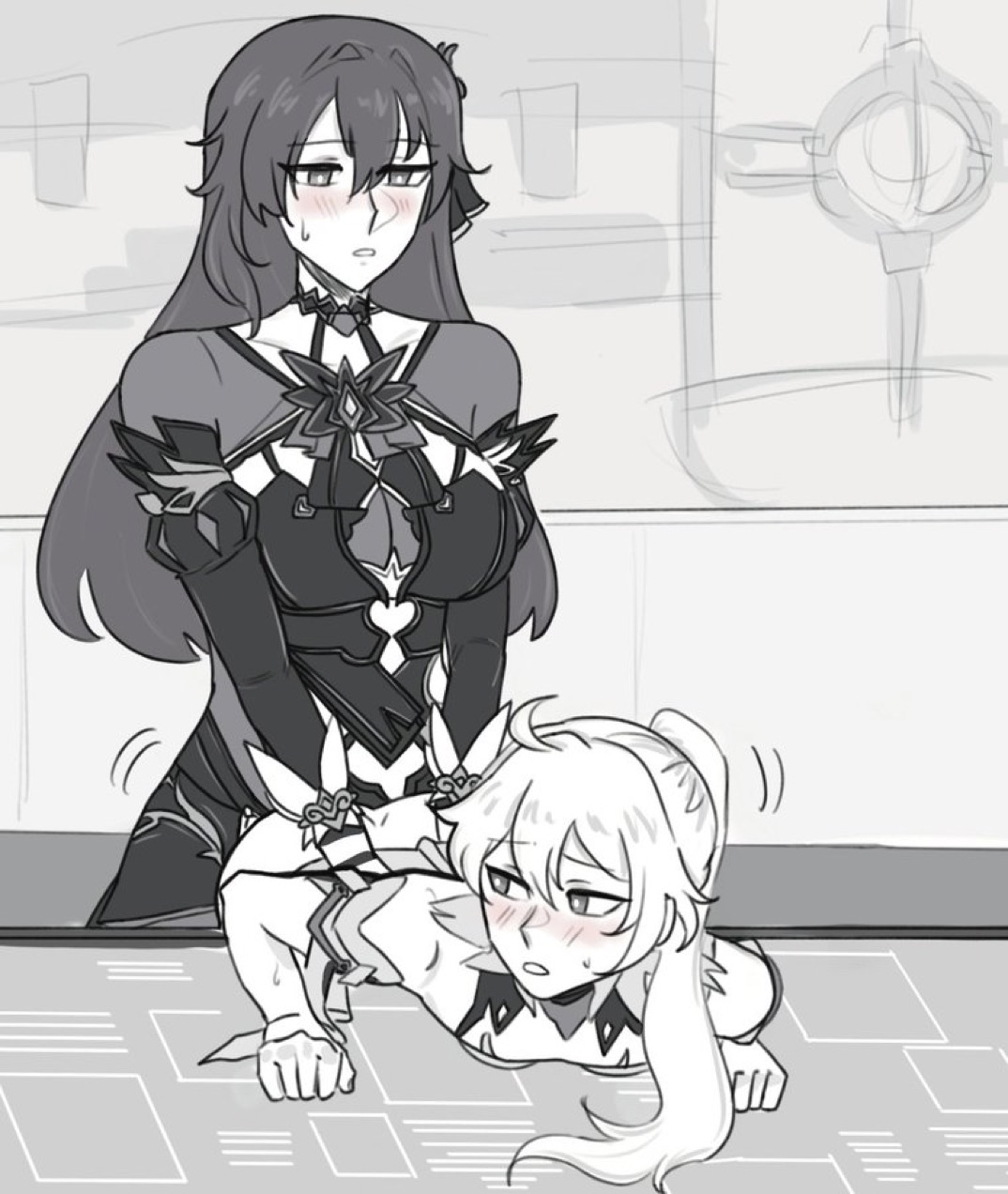  kopiikopii , 2girls, ambiguous penetration, bent over, bent over table, blush, clothed sex, eden (honkai impact 3rd), eden (honkai impact), female, female penetrated, fucked from behind, futanari, honkai (series), honkai impact 3rd, implied futa, implied penetration, implied strap-on, intersex, kiana kaslana, lesbian, long hair, monochrome, ponytail, yuri