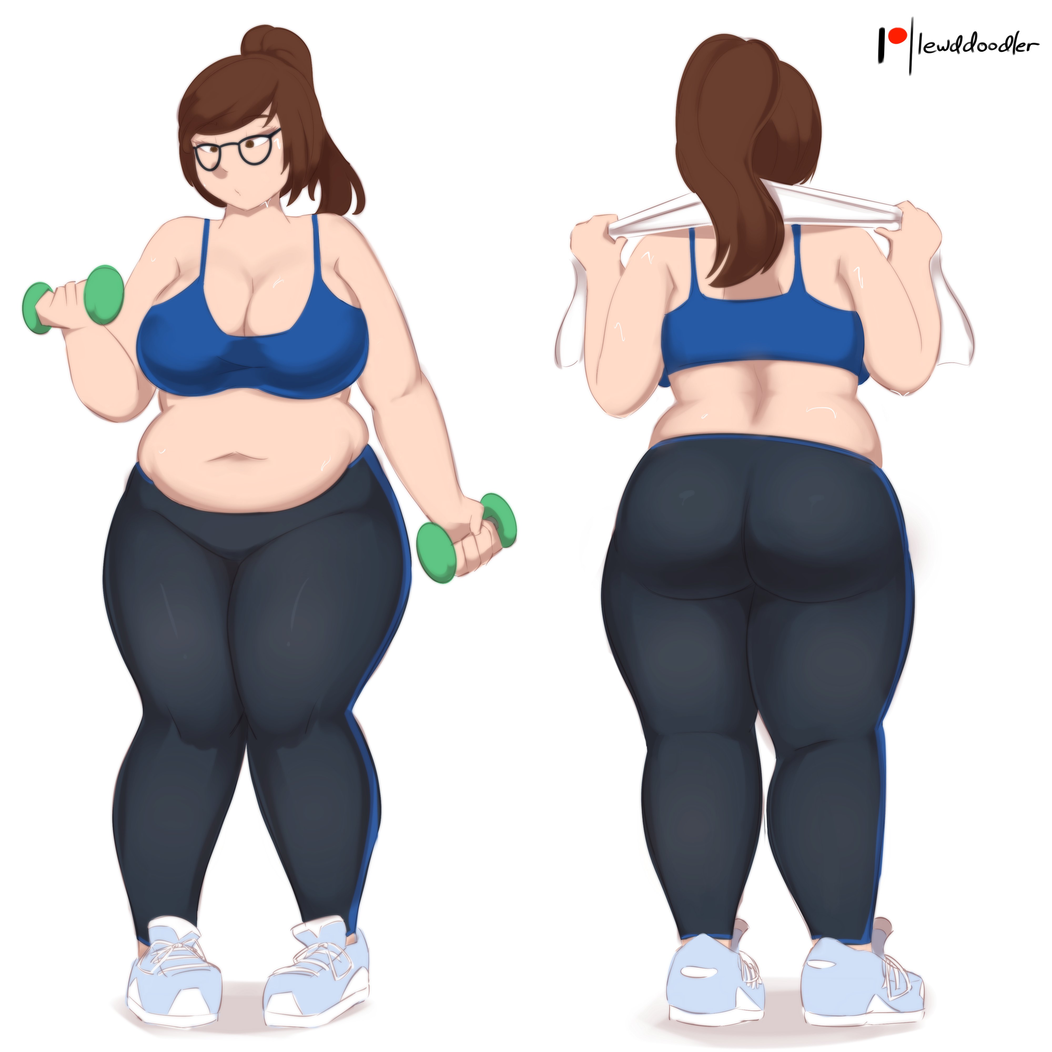 1girls, asian, asian female, ass, belly, big ass, big breasts, breasts, brown hair, bubble ass, bubble butt, chubby, chubby female, cleavage, clothing, dumbbell, female, female only, front view, glasses, lewddoodler, mei (overwatch), overwatch, pants, rear view, shoes, sneakers, solo, sports bra, towel, weightlifting, weights, workout, workout clothes, yoga pants