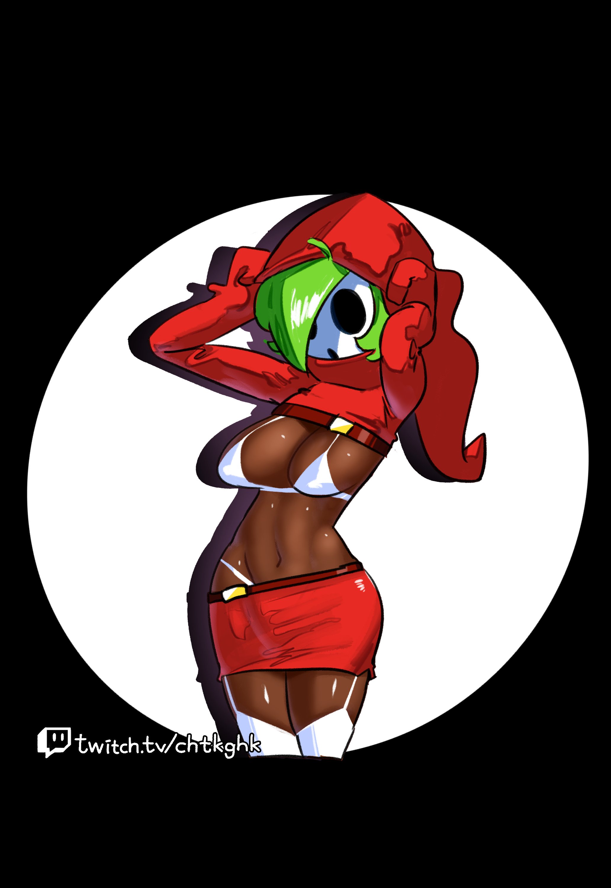 1girls, 2022, absurd res, artist name, belt, black background, bra, cleavage, dark skin, dark-skinned female, female, female only, garter straps, green hair, hair over one eye, hands on head, highres, hoodie, mario (series), mask, midriff, minus8, navel, nintendo, panties, pink bra, pink panties, red clothing, red skirt, shadow, shy gal, shy gal red, simple background, skirt, solo, spotlight, standing, thighhighs, thighs, underwear, url, watermark