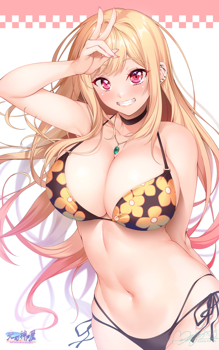 alternate_version_at_source bangs barbell_piercing bikini bikini_bottom bikini_top black_bikini black_choker blonde_hair breasts choker cowboy_shot ear_piercing earrings female floral_print flower_bikini flower_print grin gyaru highres hozumi_kaoru industrial_piercing jewelry kitagawa_marin kogal large_breasts long_hair looking_at_viewer multi-strapped_bikini necklace piercing print_bikini red_eyes side-tie_bikini_bottom smile solo sono_bisque_doll_wa_koi_wo_suru string_bikini swept_bangs swimsuit v