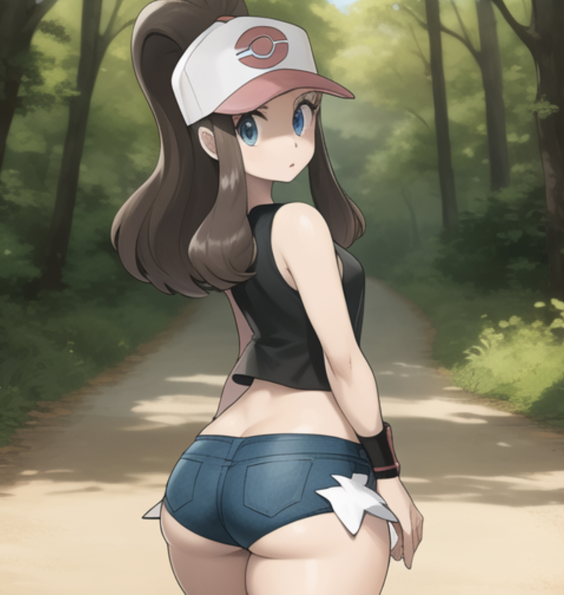 ai generated, ass, ass crack, ass hanging out of shorts, baseball cap, big ass, blue eyes, booty shorts, brown hair, bubble butt, butt crack, denim shorts, fat ass, female, forest, hilda (pokemon), looking back, pokemon, pokemon bw, short shorts, shorts, thick thighs