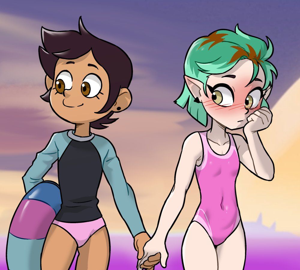 2girls, amity blight, beach, canon couple, clothing, dark skin, disney, female, female only, green hair, handholding, human, luz noceda, multiple females, multiple girls, nonsexual, pale skin, swimsuit, swimwear, tagme, the owl house, wholesome, yuri