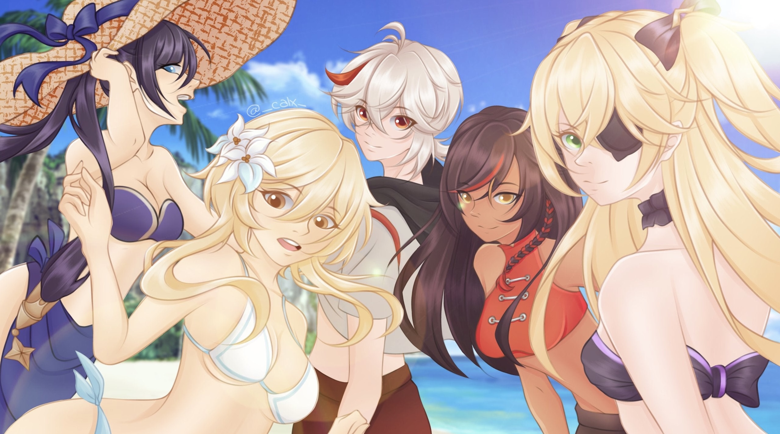  calx , 1boy, 4girls, beach, big hat, bikini, cleavage, dark skin, eyepatch, female, fischl (genshin impact), genshin impact, kaedehara kazuha, lumine (genshin impact), male, mona (genshin impact), partially clothed, tagme, xinyan (genshin impact)