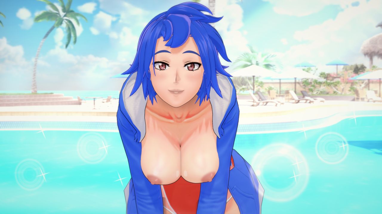 1girls, 2022, 3d, ass, big ass, big breasts, breasts, breasts out, breasts outside, emily (stardew valley), female, female only, hagiwara studio, koikatsu, koikatsu (medium), looking at viewer, medium hair, panties, red bikini, red swimsuit, solo, stardew valley