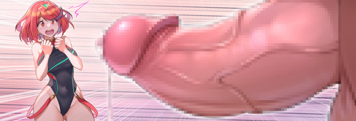 1boy, 1girls, achromaru, big penis, breasts, canon couple, censored, clothed female nude male, excited, female, imminent sex, male, penis, pyra, red eyes, red hair, rex (xenoblade), swimsuit, xenoblade (series), xenoblade chronicles 2