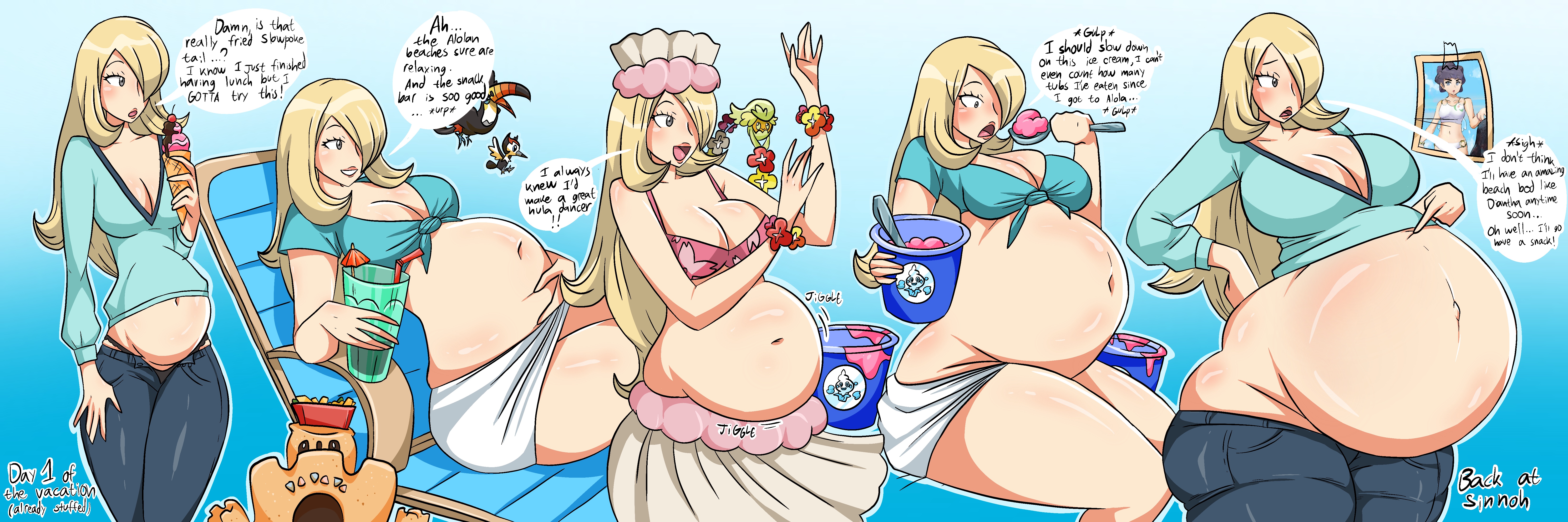 1girls, ass, assthethick, bbw, belly, belly overhang, belly stuffing, big ass, big belly, big breasts, bloated, bloated belly, blonde hair, breasts, bubble ass, bubble butt, cleavage, cynthia (pokemon), fat, fat ass, female, female focus, huge ass, huge breasts, hyper fat, large ass, large belly, large breasts, morbidly obese, morbidly obese female, obese, overweight female, pokemon, sequence, ssbbw, stuffed, stuffed belly, stuffing, sweat, thick thighs, weight gain, wide hips