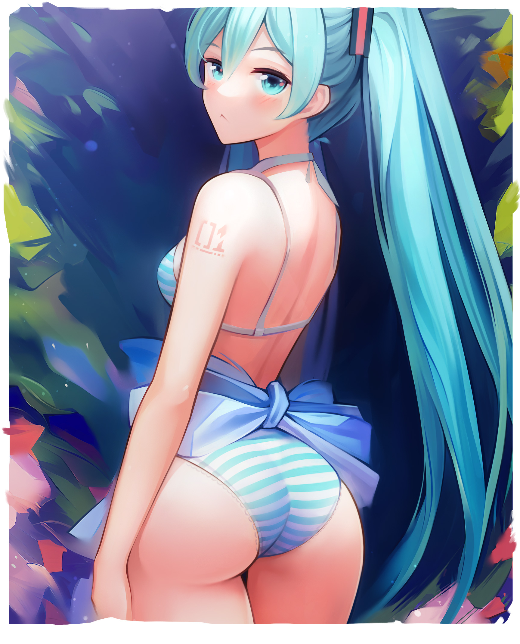 :<, 1girl, 1girls, aqua eyes, aqua hair, ass, ass focus, bangs, bare shoulders, big ass, big butt, bikini, blush, breasts, butt focus, closed mouth, cowboy shot, eye contact, female, female only, from behind, hair between eyes, hair ornament, halterneck, hatsune miku, light skin, light-skinned female, long hair, looking at viewer, looking back, medium breasts, merrytail, panties, shimapan, solo, solo female, standing, striped, striped bikini, striped clothing, striped panties, stripes, swimsuit, tattoo, twintails, very long hair, vocaloid