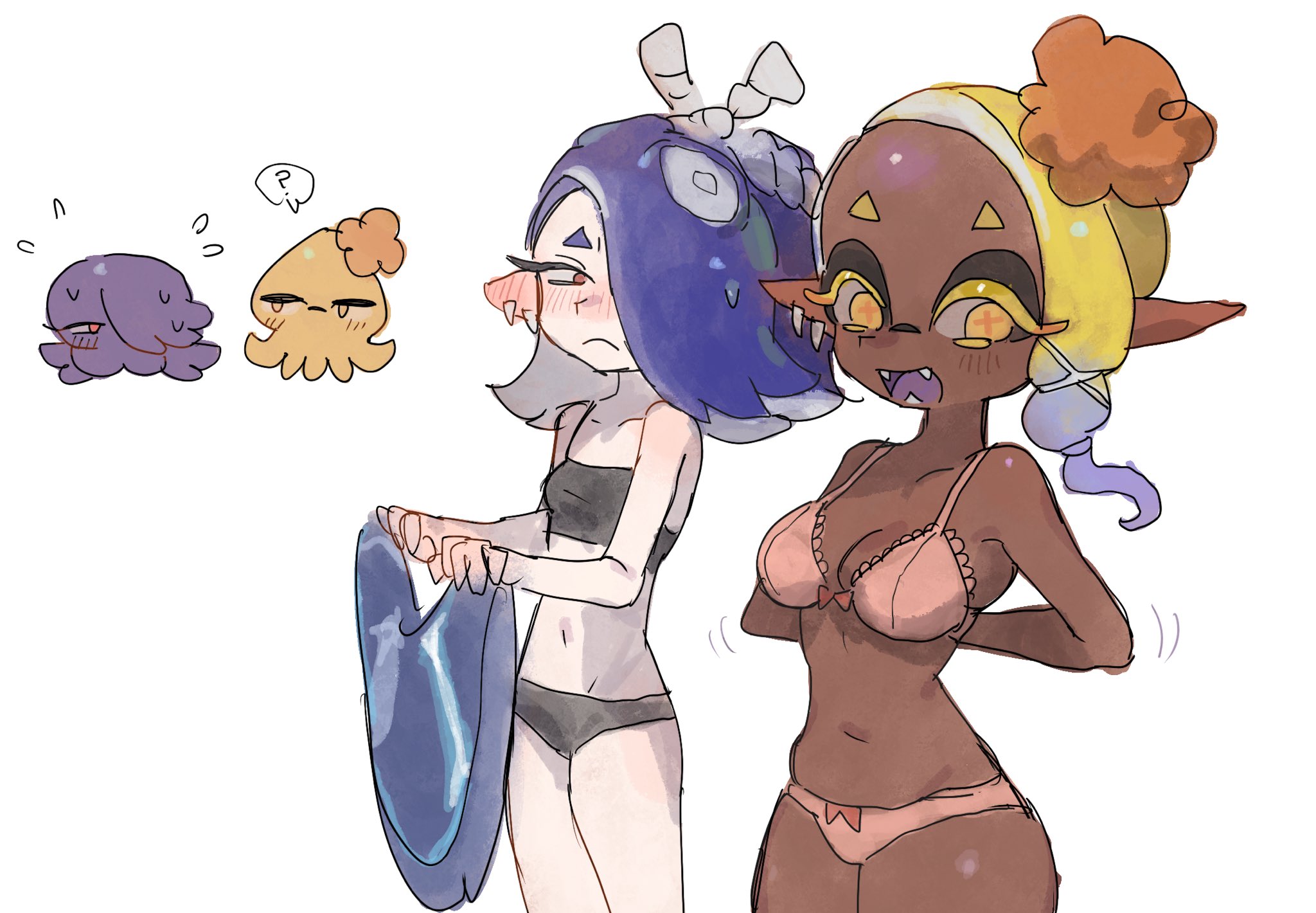 2girls, big breasts, bra, breast size difference, breasts, chocolate and vanilla, dark skin, dark-skinned female, female, frye (splatoon), getting dressed, implied yuri, multiple females, multiple girls, nintendo, panties, shiver (splatoon), small breasts, splatoon, splatoon (series), splatoon 3, staring, staring at another, staring at breasts, usa go13