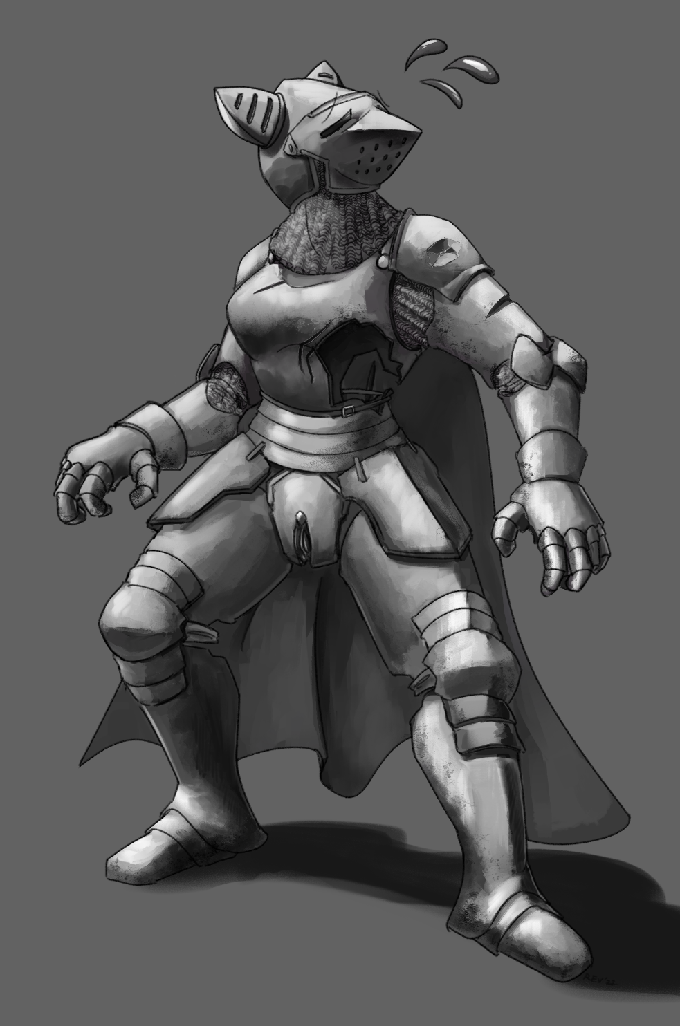 anthro armor bodily_fluids chainmail chiropteran codpiece dagny damage damaged_armor female genitals headgear helmet hi_res hole_(anatomy) mammal monochrome plate_armor pussy revertigo shadow simple_background solo sweat sweatdrop transformation worried