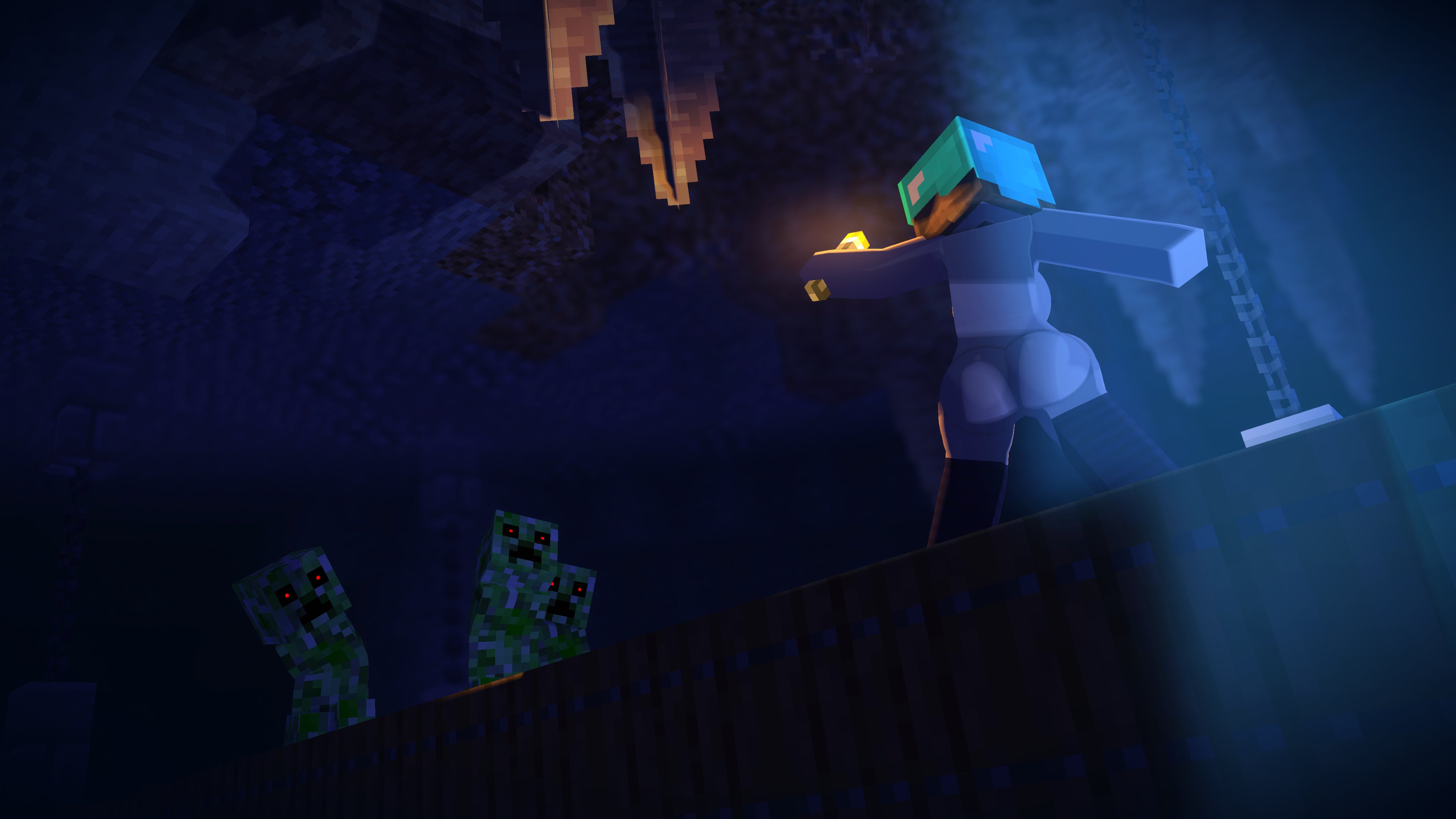 1girls, 3boys, 3d, cave, creeper (minecraft), female, flower in hair, horny female, human female, humanoid, in cave, inside cave, jenny belle (slipperyt), male, mine-imator, minecraft, nice ass, outside, slipperyt, tagme