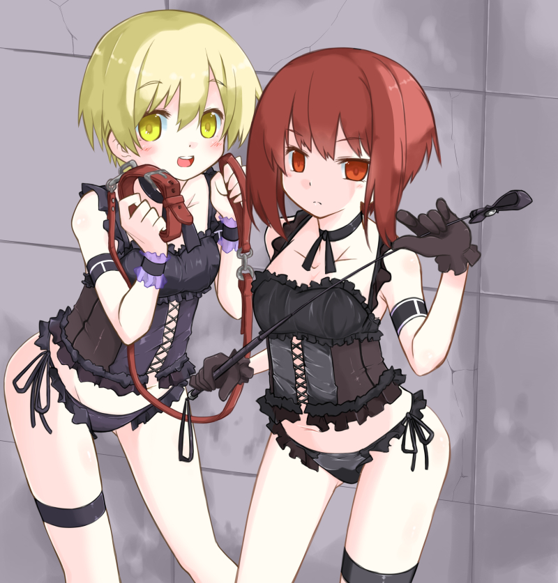 2girls arm_strap blonde_hair breasts brown_hair bustier choker collar corset dominatrix female female_only frilled_corset frilled_panties frills gin_(shioyude) gloves gothic_lolita holding_collar holding_leash holding_riding_crop holding_whip kantai_collection leash lingerie looking_at_viewer medium_breasts multiple_girls navel panties red_eyes riding_crop short_hair side-tie_panties small_breasts thigh_strap whip yellow_eyes z1_leberecht_maass_(kantai_collection) z3_max_schultz_(kantai_collection)