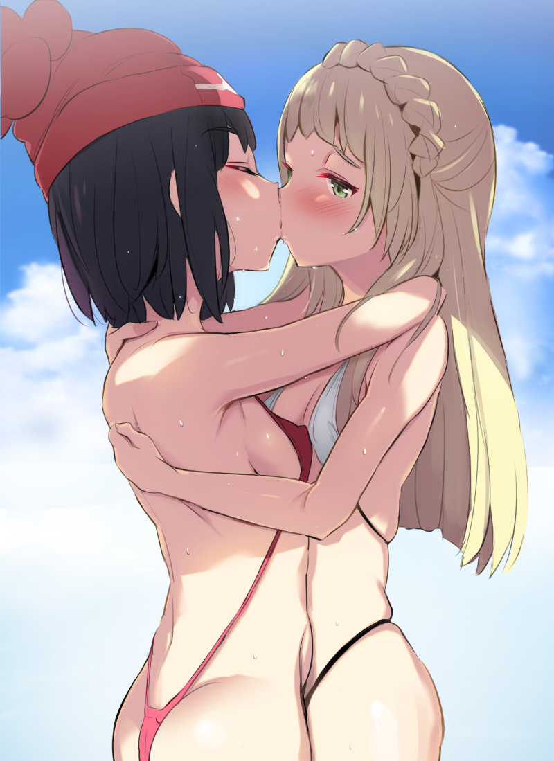 2girls ass beanie beanie_hat bikini black_bikini black_hair blonde_hair blush breasts closed_eyes clouds green_eyes hug kissing lillie_(pokemon) long_hair micro_bikini mismatched_bikini multiple_girls nintendo nipple_bulge noripachi one-piece_swimsuit pokemon pokemon_sm selene_(pokemon) short_hair sky sling_bikini slingshot_swimsuit small_breasts swimsuit white_bikini yuri