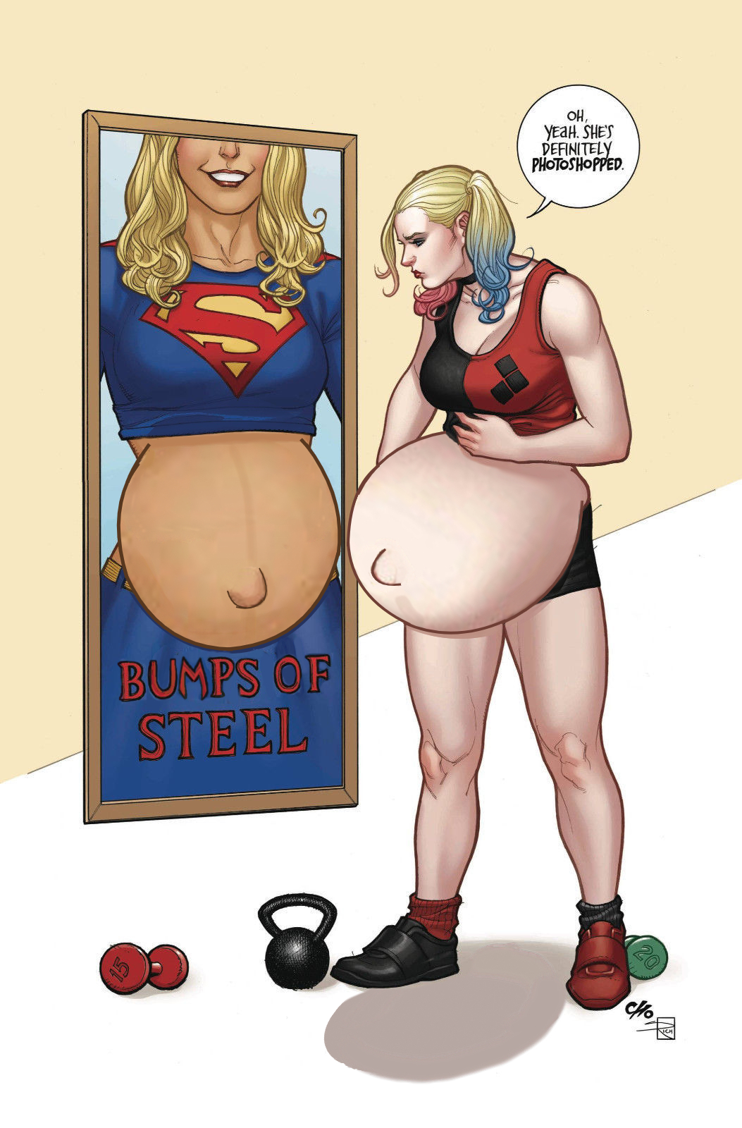 2girls batman_(series) belly big_belly big_breasts blonde_hair breasts cleavage dc_comics dialogue edit female frank_cho harley_quinn jtng23 outie outie_navel pregnancy_envy pregnant sabine_rich screenshot_edit supergirl superman_(series) text