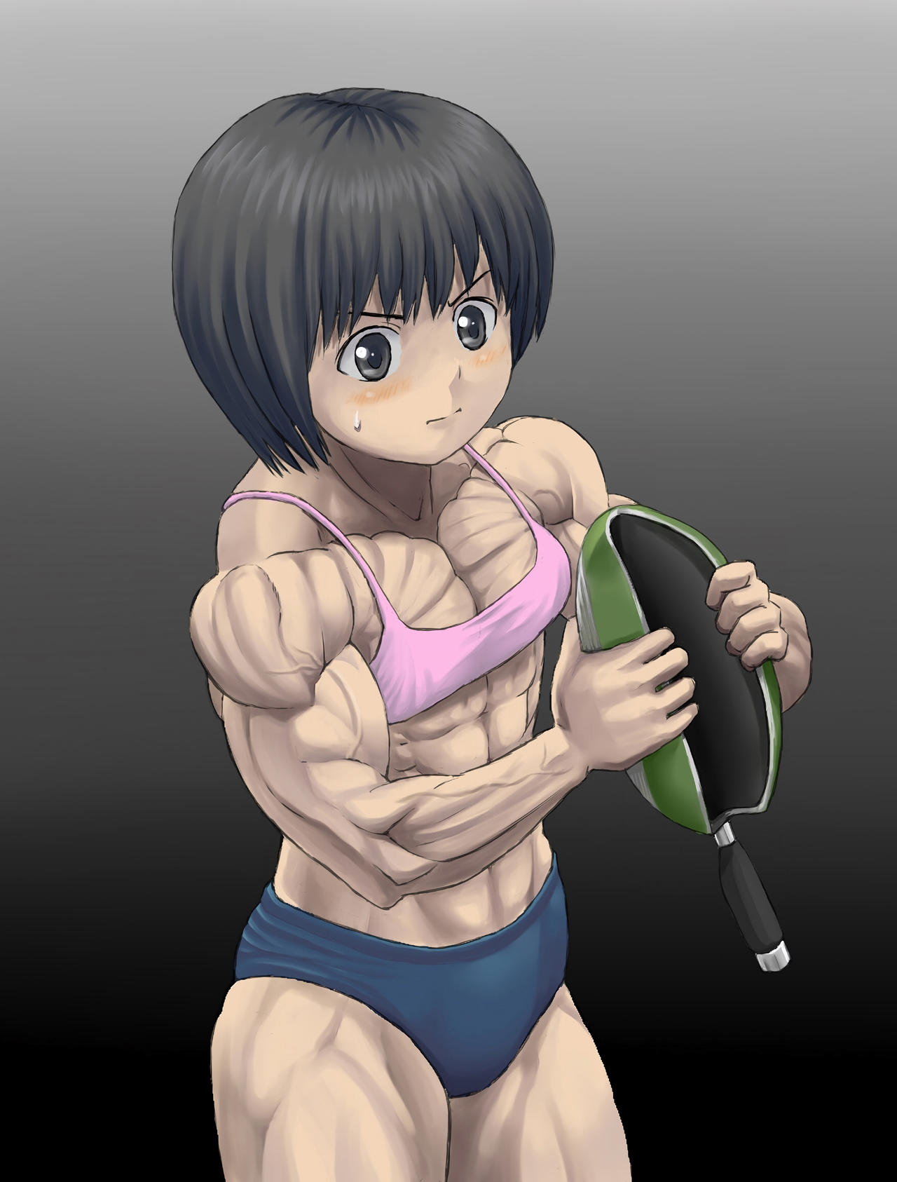 abs bending_pan biceps black_eyes black_hair blush bra maro_(m-k4) muscular_arms muscular_female muscular_legs muscular_thighs pecs short_hair shorts six_pack superhuman