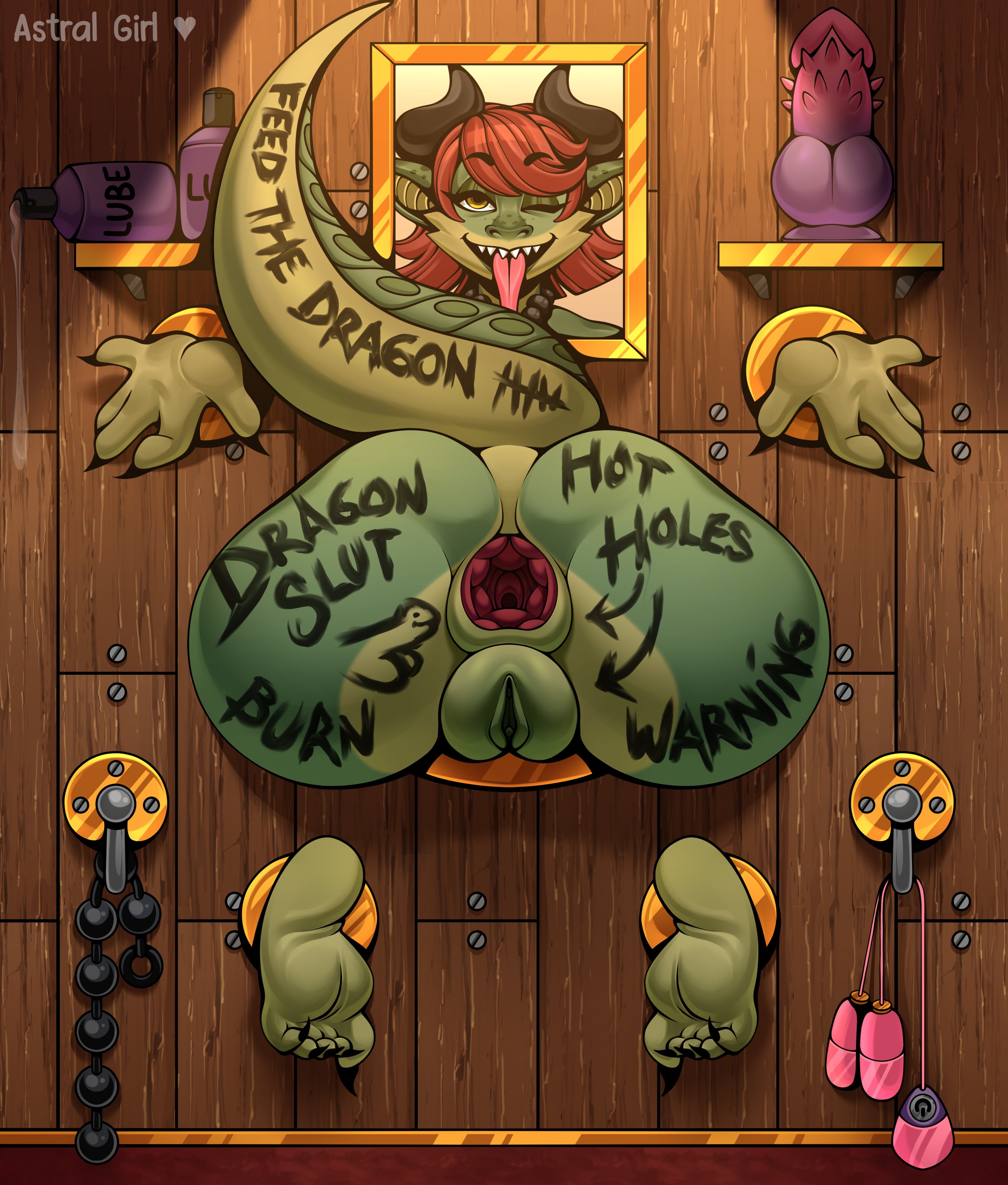 1girls, anal beads, anthro, anus, ass, astral girl, body writing, commission, countershading, dildo, dragon, dragon ears, dragon horns, dragon tail, egg vibrator, female, female only, glory wall, green body, horns, looking at viewer, lube, lube bottle, narrowed eyes, nude, nude female, pussy, red hair, sex toy, sharp teeth, smiling, smiling at viewer, solo, solo female, stretched anus, stuck in wall, tail, tally marks, thick ass, through wall, tongue, tongue out, upper teeth, very high resolution, wink, winking at viewer, writing on ass, writing on body, yellow eyes
