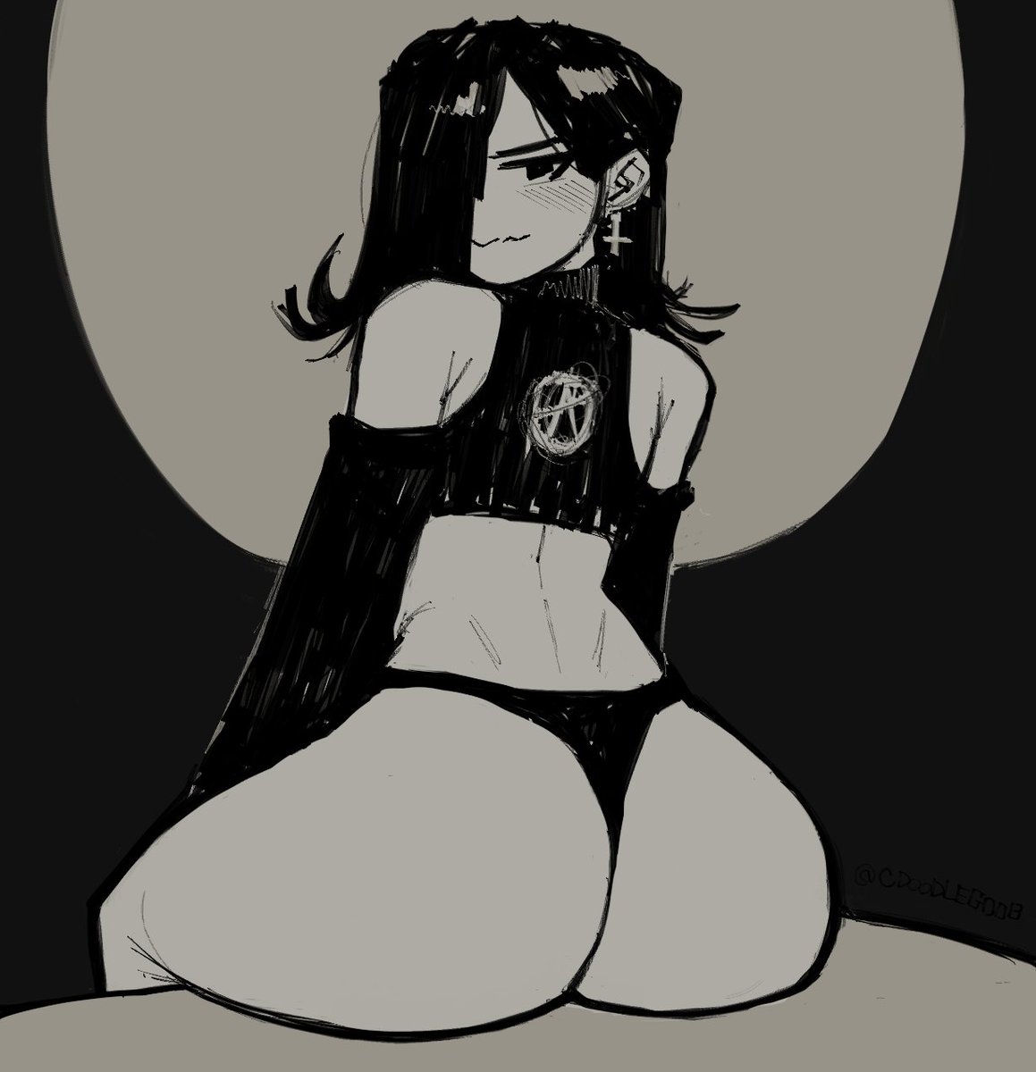 1girls, 2022, ass, big ass, blush, doodlegoob, embarrassed, female, female only, goth, goth girl, rear view, thick thighs, thong