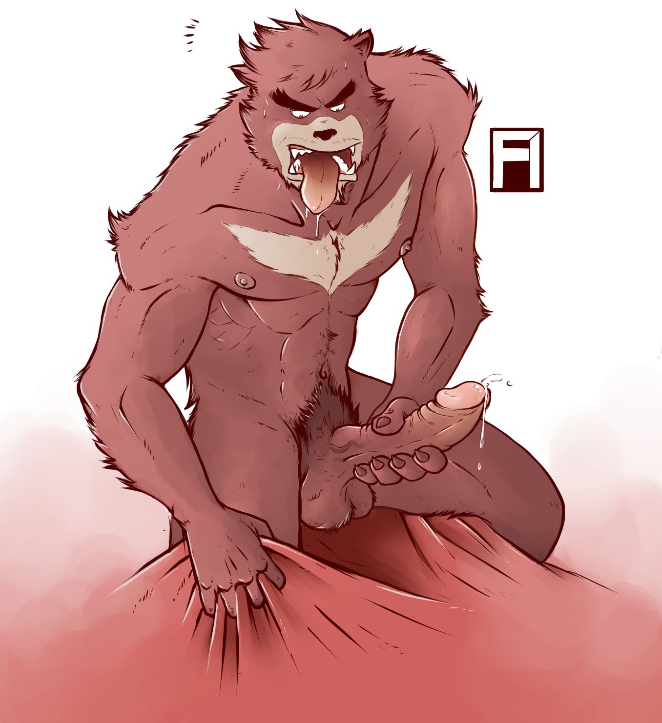 anthro balls bara barazoku beast big_penis black_nose boner chest_tuft erection frankhumphrey furry gay kumatetsu male male_only masturbation muscles muscular penis red_body red_fur solo solo_male the_boy_and_the_beast tongue_out