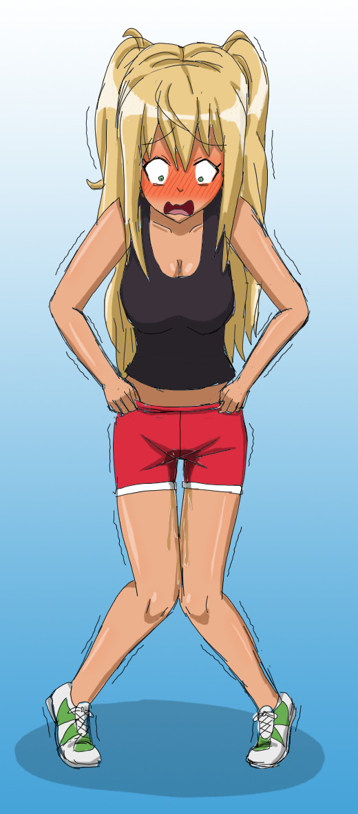 blonde_hair dumbbell_nan_kilo_moteru? female female_only omorashi papergami peeing peeing_self red_shorts sakura_hibiki_(dumbbell_nan_kilo_moteru?) shocked shorts sneakers urine urine_puddle wetting wetting_self