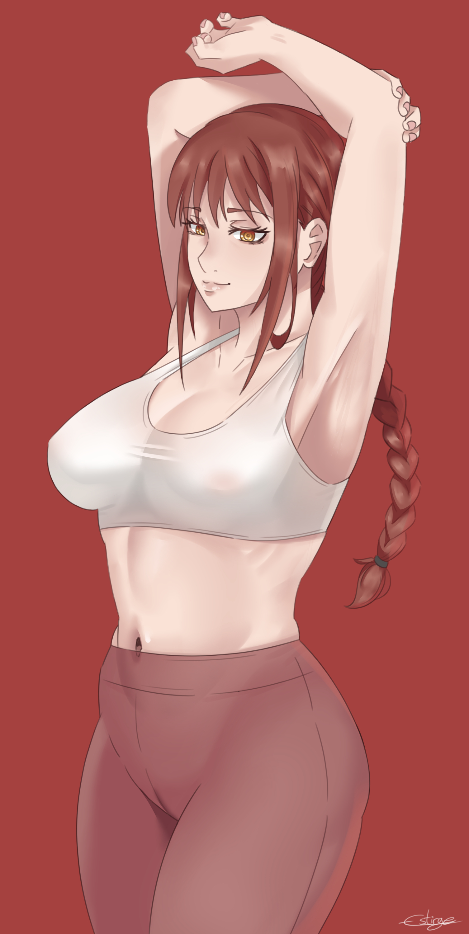 1girls, armpits, big breasts, braided hair, breasts, chainsaw man, estirge, eyebrows visible through hair, female, female only, long hair, makima (chainsaw man), navel, red background, red hair, smile, smirk, solo, sport, sports bra, sportswear, sweat, tank top, yellow eyes, yoga pants