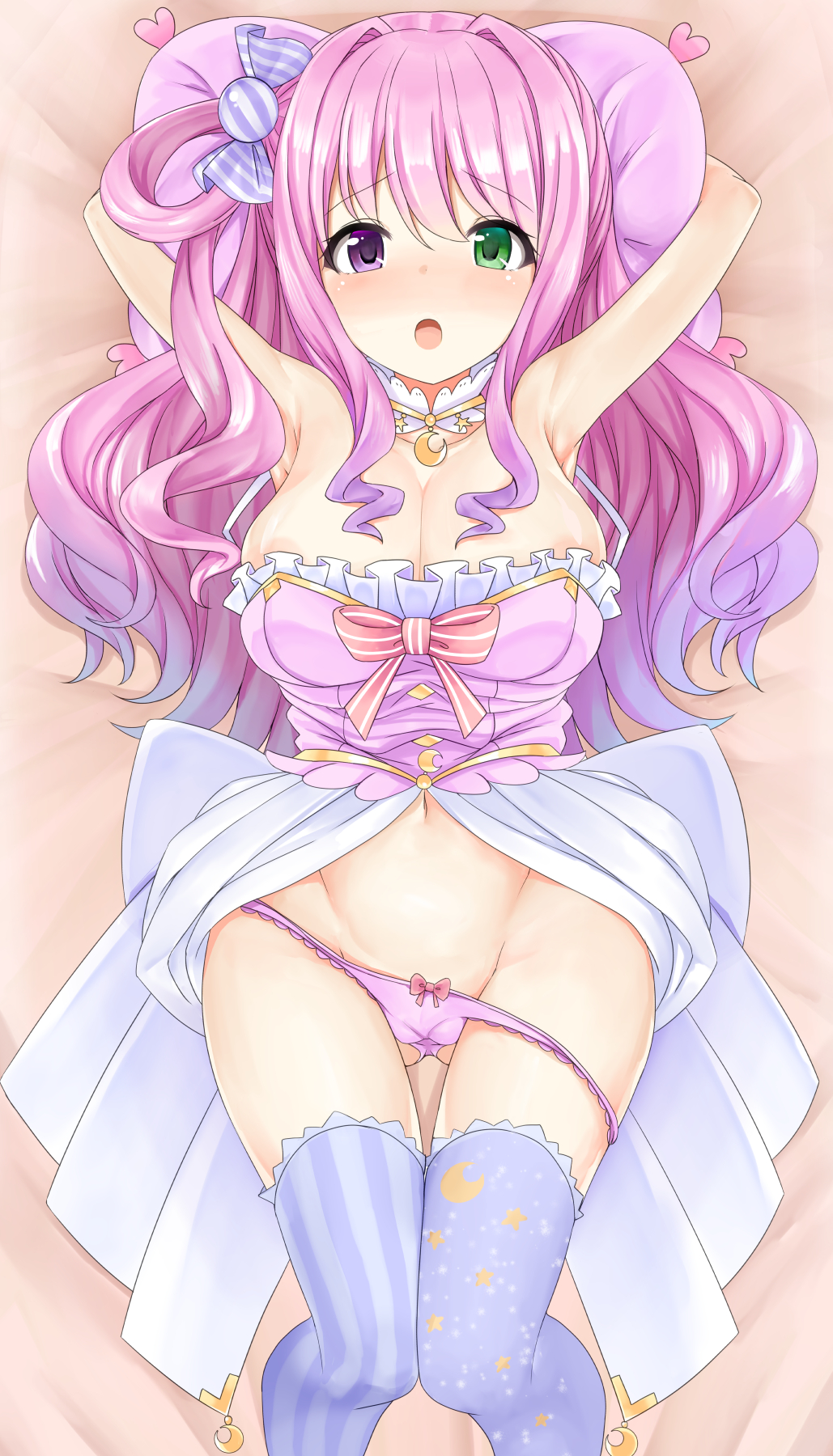 1girls armpits arms_behind_head arms_up bed_sheet big_breasts blurry_(artist) blush breasts bust busty candy_hair_ornament cute cute_face cute_girl dress dress_lift embarrassed exposed_thighs female female_only female_solo food_themed_hair_ornament gradient_hair green_eyes heterochromia high_resolution highres himemori_luna holoforce hololive hololive_japan lifted_dress lifted_skirt light-blue_hair light-skinned_female light_skin long_hair long_socks neckline no_sex on_bed open_mouth panties_around_leg panties_down pillow pink_bed_sheet pink_dress pink_eyes pink_hair pink_panties pink_pillow pink_sheets posing princess purple_socks ribbon_panties sexy_armpits shy streamer tummy virtual_youtuber vtuber white_skinned_female young_woman youtuber