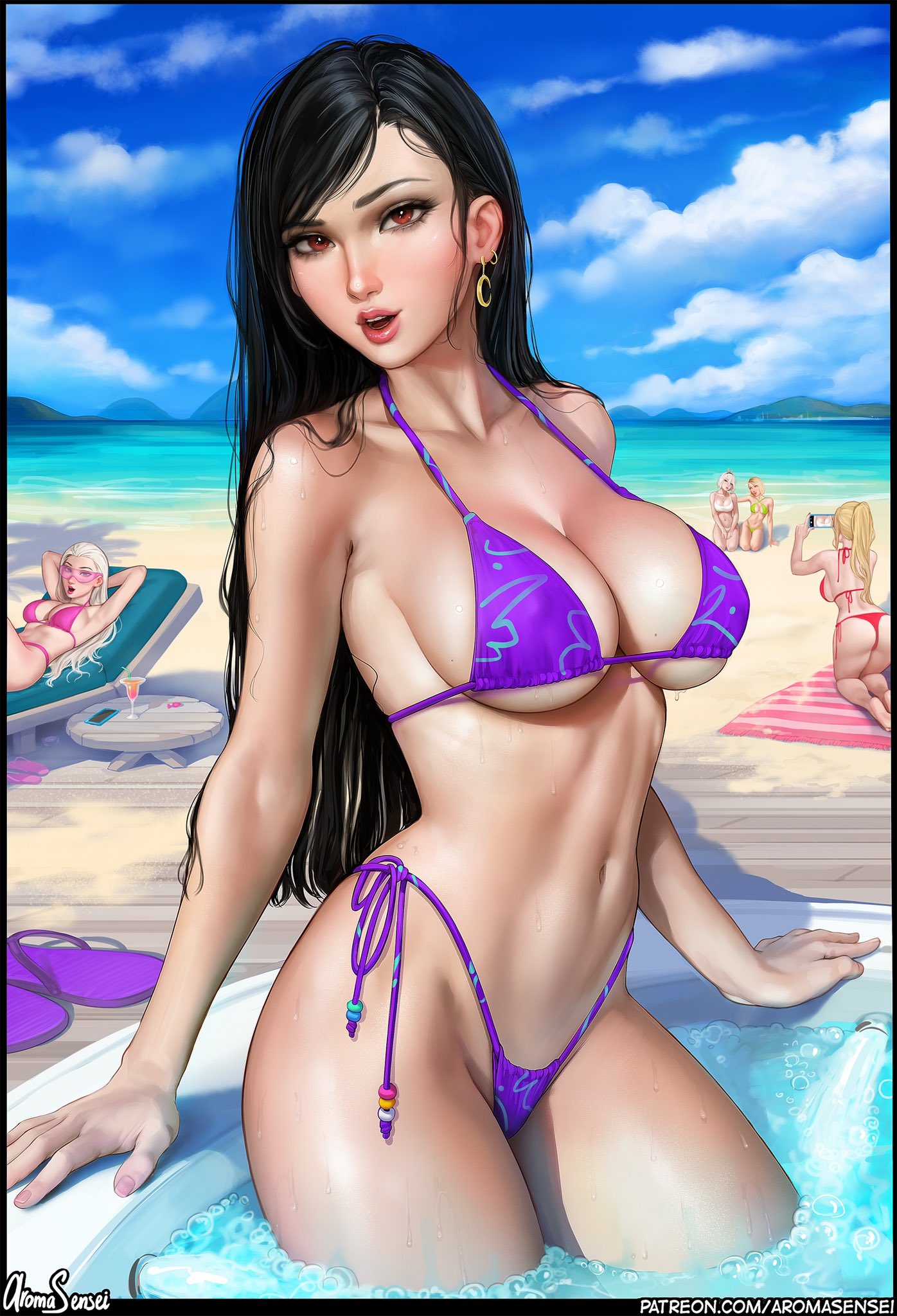 2022, 5girls, alternate version available, aroma sensei, big breasts, bikini, black hair, blonde hair, breasts, character in background, cleavage, crossover, disney, eastern and western character, elsa (frozen), female, female focus, female only, final fantasy, final fantasy vii, final fantasy vii remake, frozen (film), gwen stacy, light skin, light-skinned female, long hair, looking at viewer, male, male pov, marvel, marvel comics, medium breasts, metroid, multiple females, multiple girls, nier (series), nier: automata, nintendo, ponytail, pov, purple bikini, red eyes, samus aran, spider-man (series), spider-man: into the spider-verse, swimsuit, textless, thick thighs, tifa lockhart, water, white hair, yorha 2b