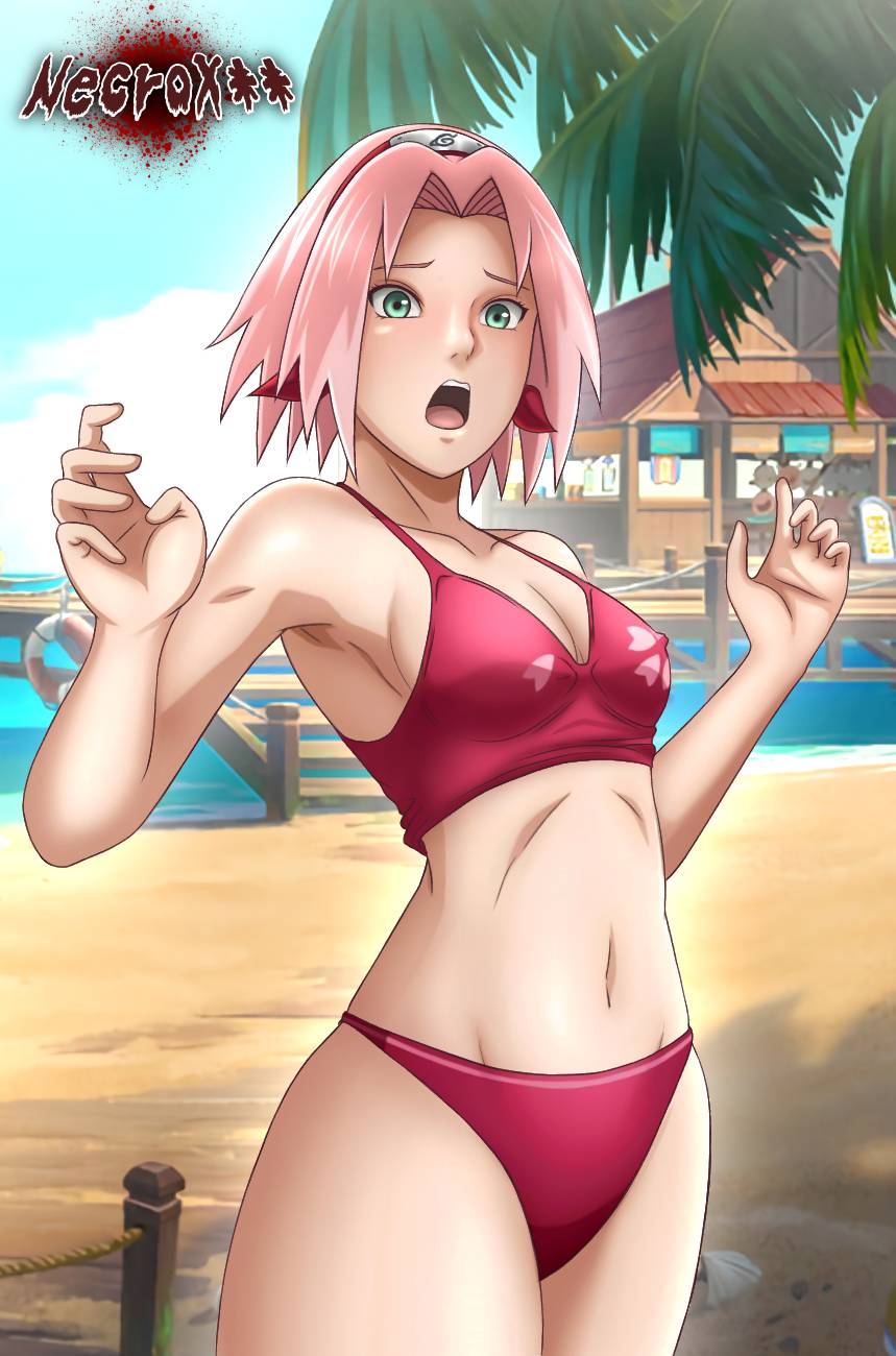 1girls, bikini, breasts, female, female only, human, naruto, naruto (series), naruto shippuden, nipple bulge, sakura haruno, shocked expression, small breasts, solo, tagme