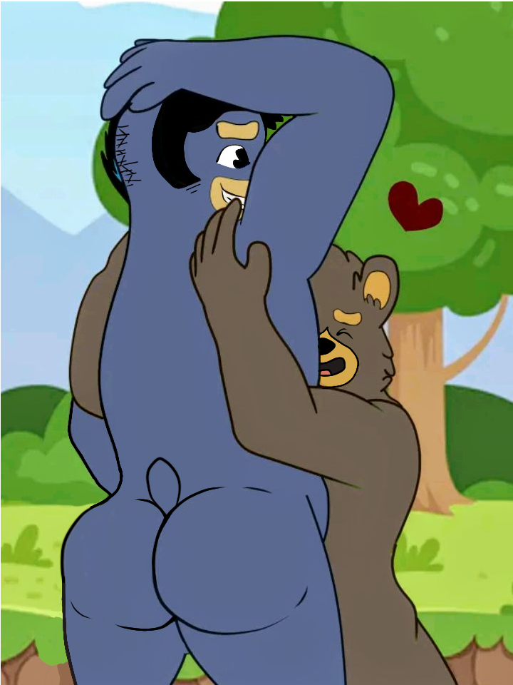 alex_(tonycomics) anonymous_artist anthro armwear ass big_butt black_bear blake_(tonycomics) closed_eyes clothing duo embrace eyebrows hair hand_on_head head_on_chest heart hug male male/male mammal moon_bear naked_in_public nude plant pose smile tonycomics tree ursid ursine